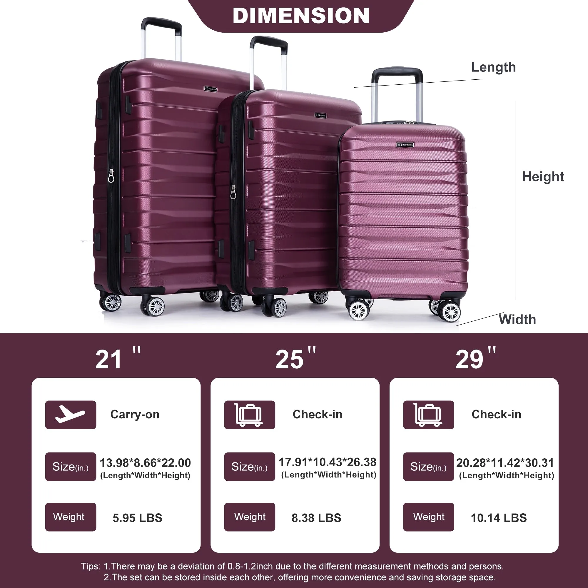 3 Piece Luggage Sets PC Lightweight & Durable