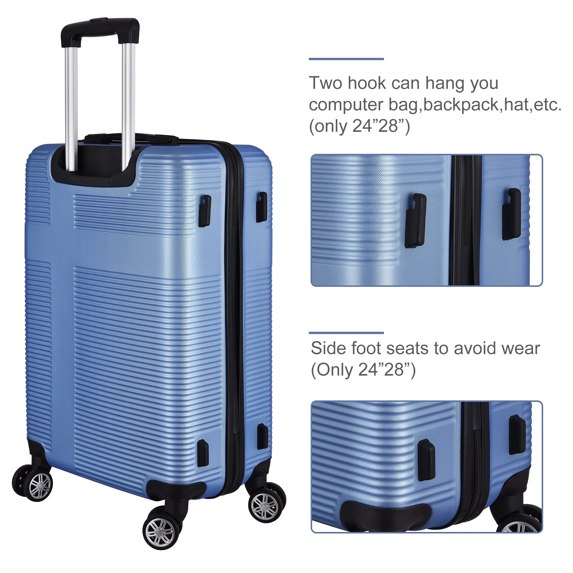 3 Piece Luggage with TSA Lock ABS, Durable Luggage Set, Lightweight Suitcase with Hooks, 20in/24in/28in