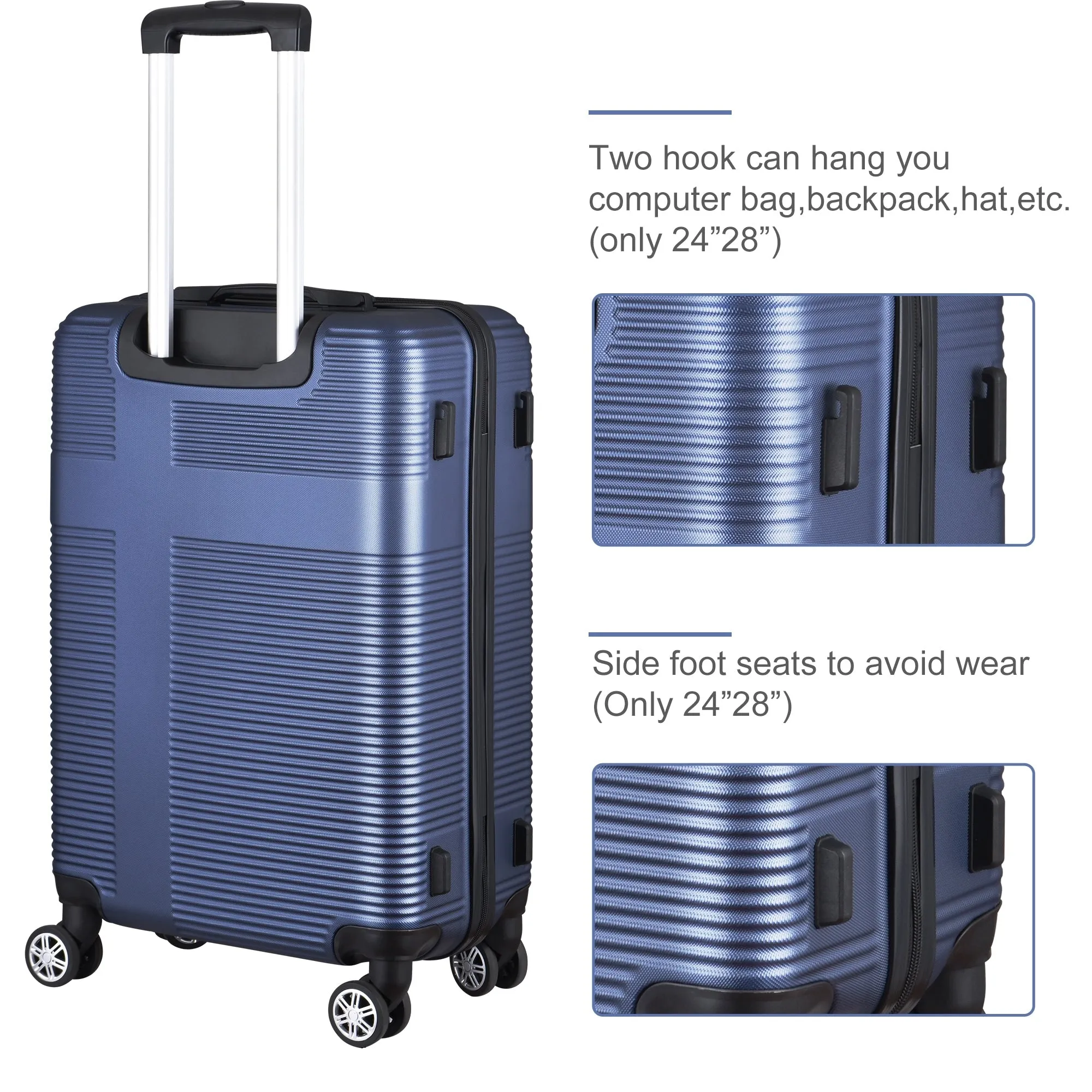 3 Piece Luggage with TSA Lock ABS, Durable Luggage Set, Lightweight Suitcase with Hooks, 20in/24in/28in