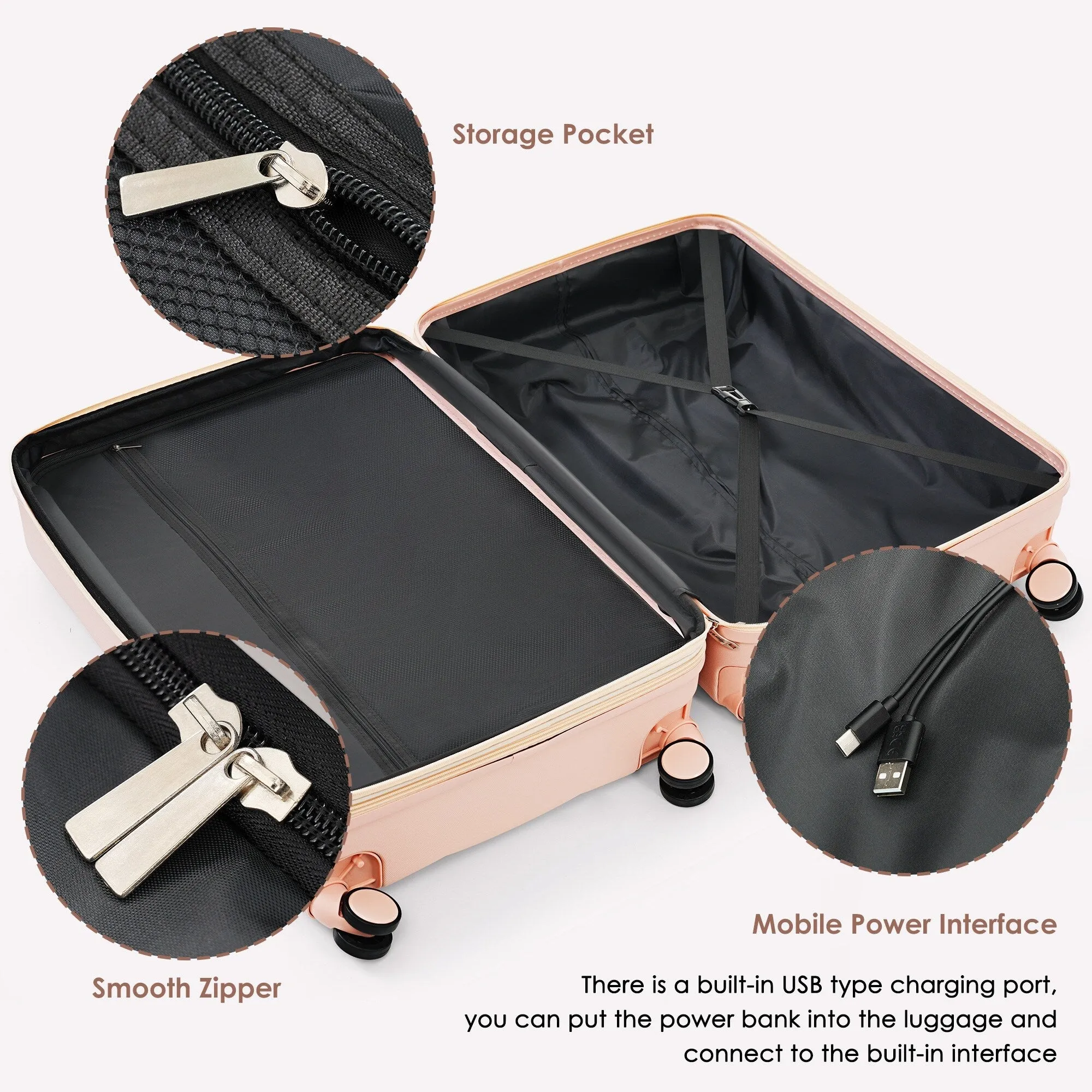 4 Piece Luggage Sets with Travel Bag and Cup Holder, 20-inch Expandable Suitcase with USB Port and 360-degree Wheels