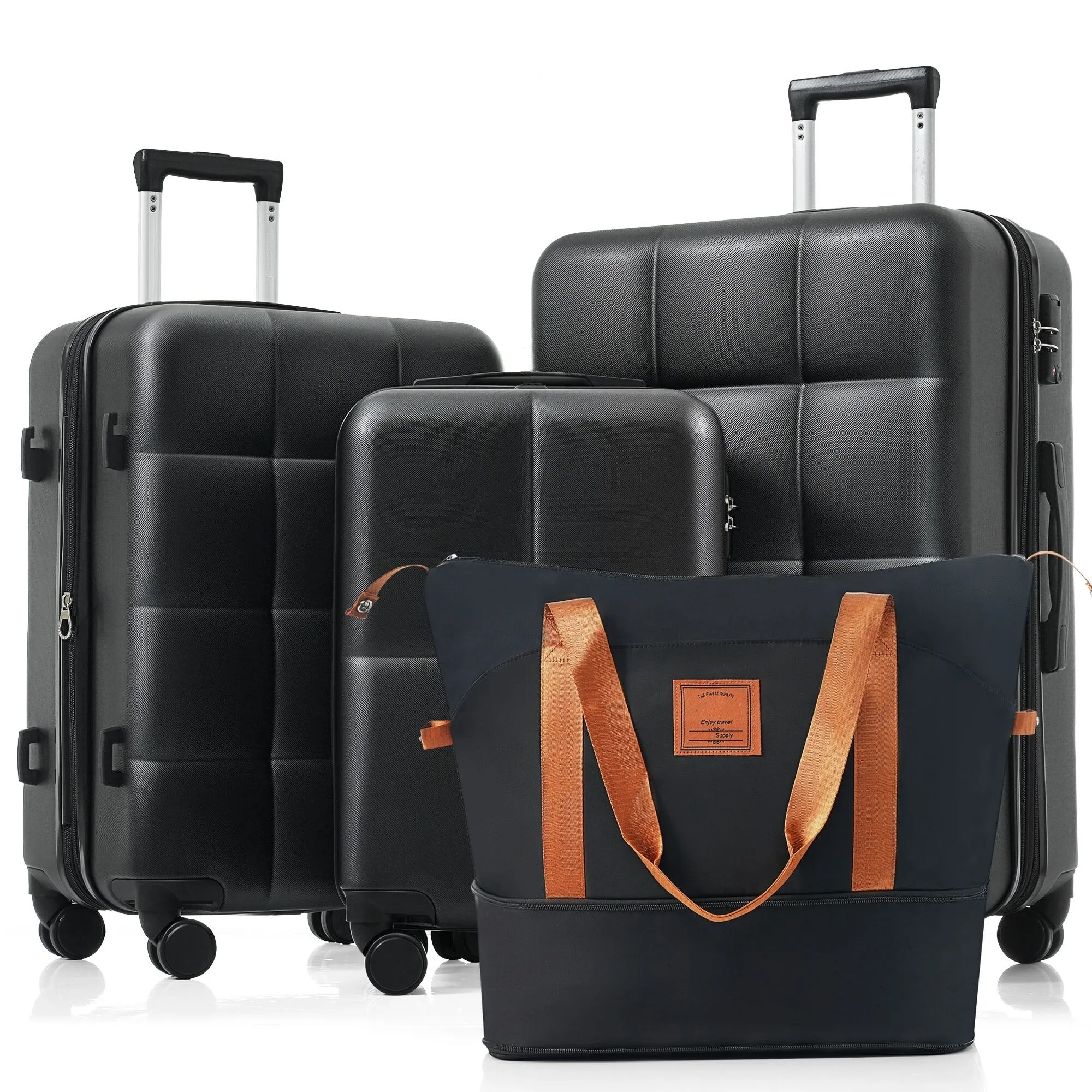 4 Piece Luggage Sets with Travel Bag and Cup Holder, 20-inch Expandable Suitcase with USB Port and 360-degree Wheels