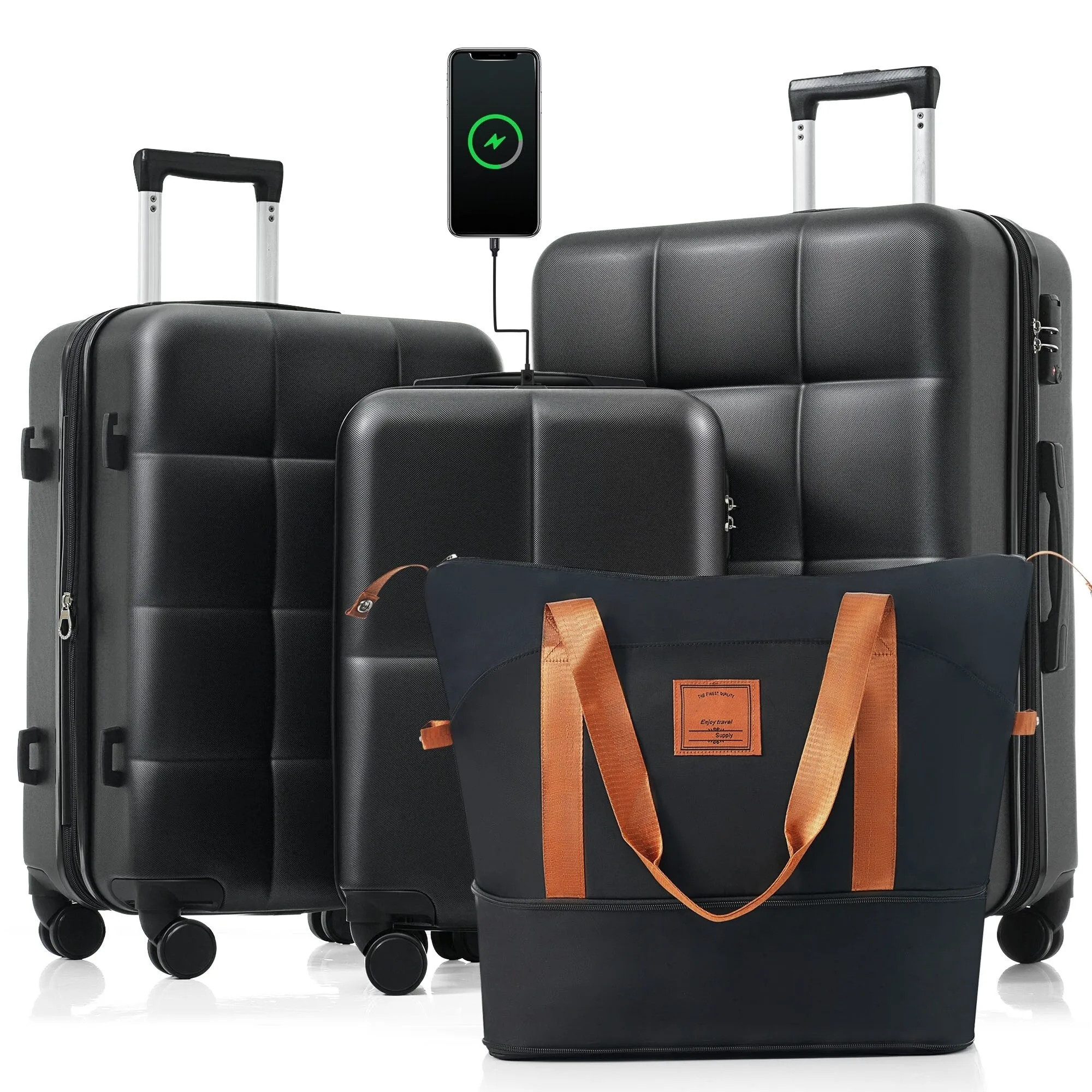 4 Piece Luggage Sets with Travel Bag and Cup Holder, 20-inch Expandable Suitcase with USB Port and 360-degree Wheels