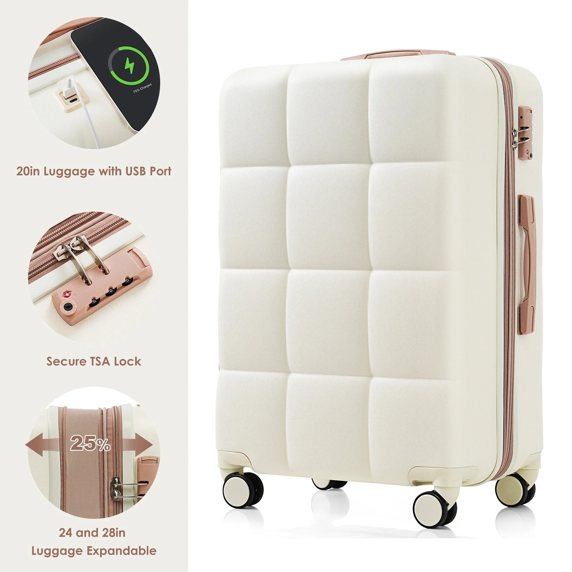 4 Piece Luggage Sets with Travel Bag and Cup Holder, 20-inch Expandable Suitcase with USB Port and 360-degree Wheels