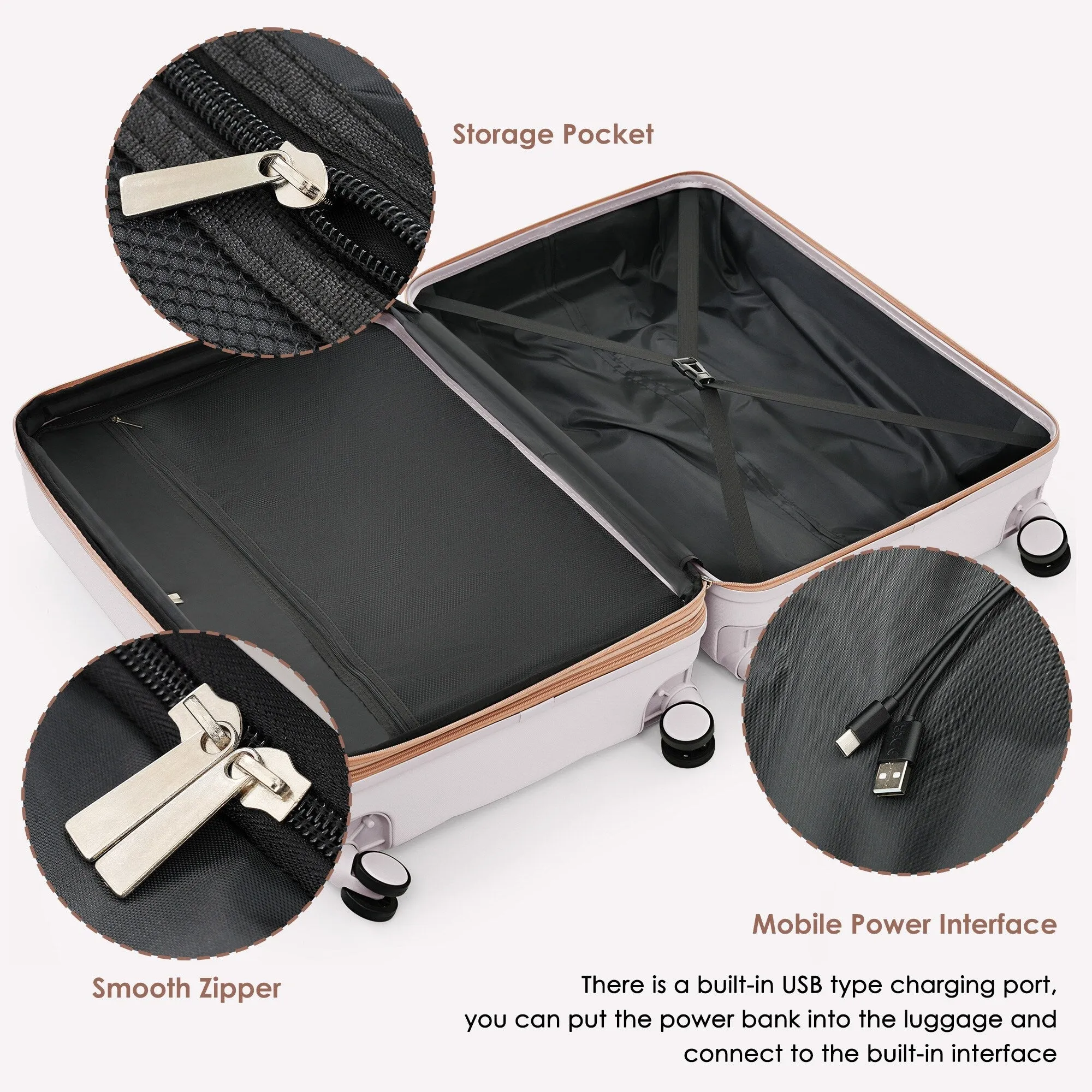 4 Piece Luggage Sets with Travel Bag and Cup Holder, 20-inch Expandable Suitcase with USB Port and 360-degree Wheels
