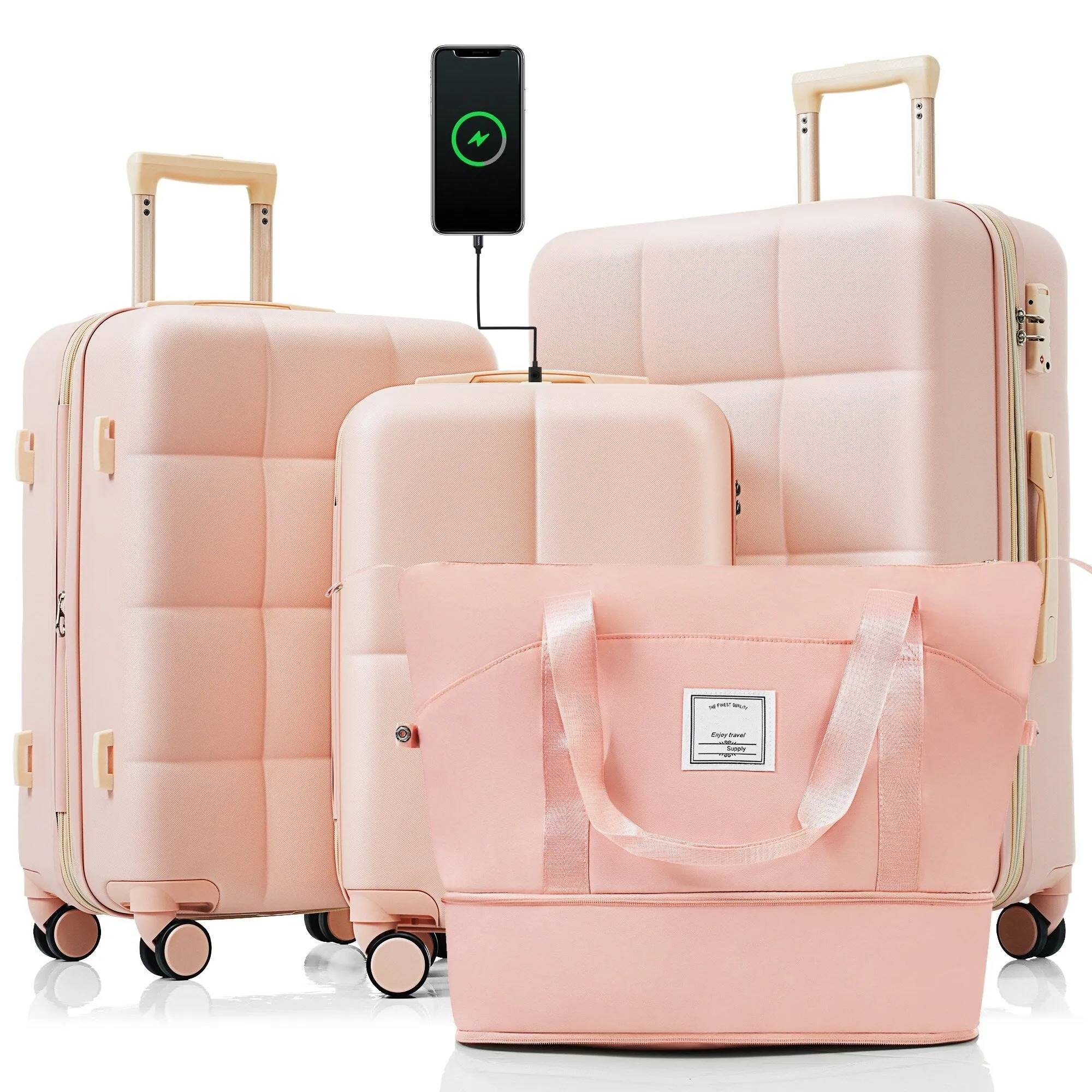 4 Piece Luggage Sets with Travel Bag and Cup Holder, 20-inch Expandable Suitcase with USB Port and 360-degree Wheels