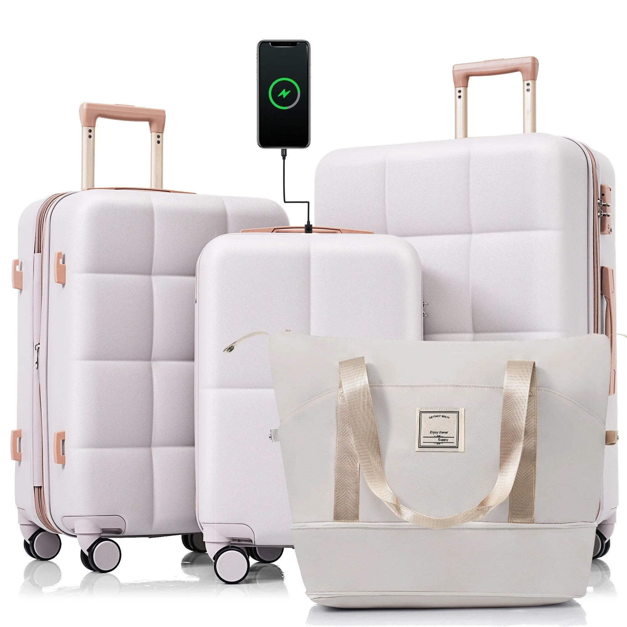 4 Piece Luggage Sets with Travel Bag and Cup Holder, 20-inch Expandable Suitcase with USB Port and 360-degree Wheels