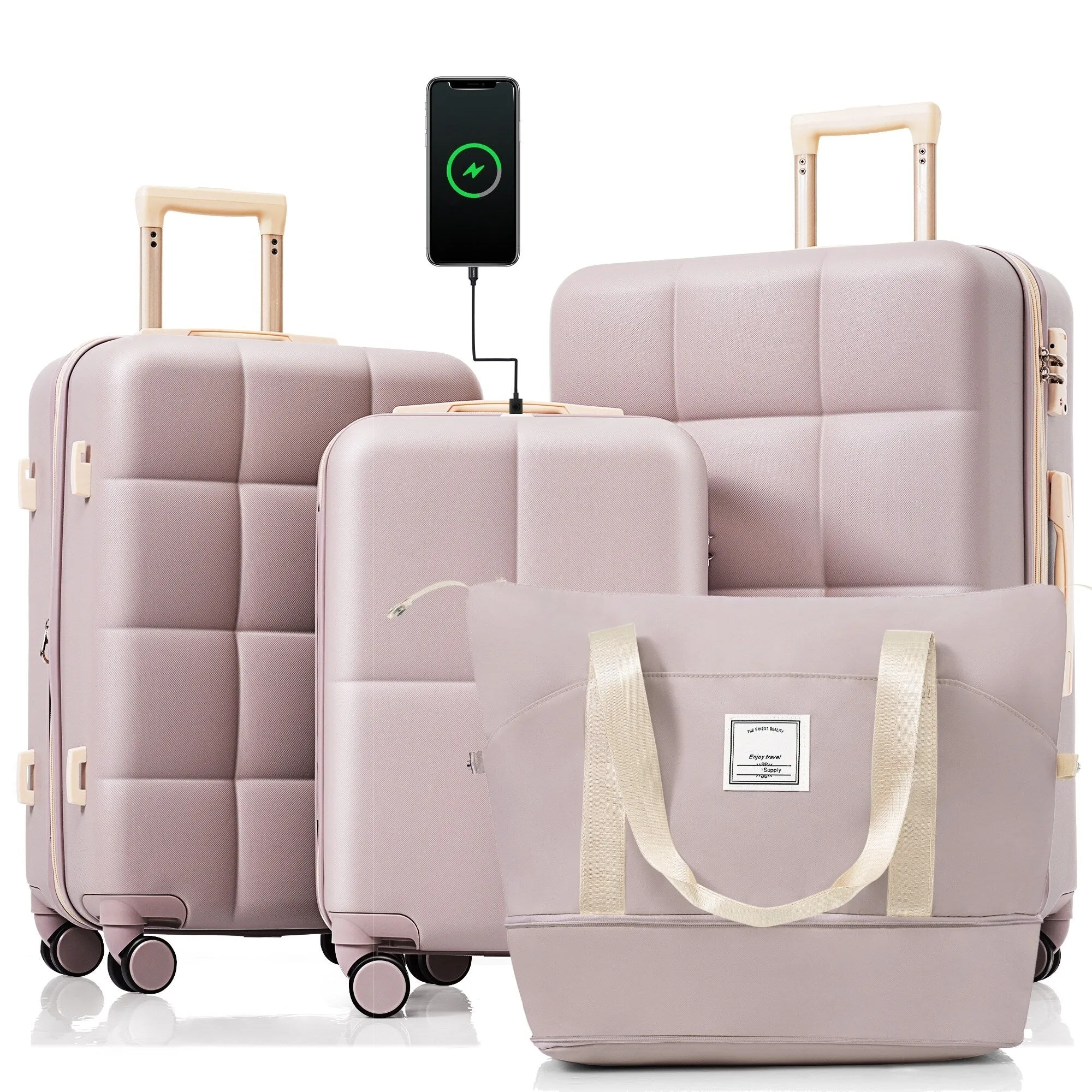 4 Piece Luggage Sets with Travel Bag and Cup Holder, 20-inch Expandable Suitcase with USB Port and 360-degree Wheels