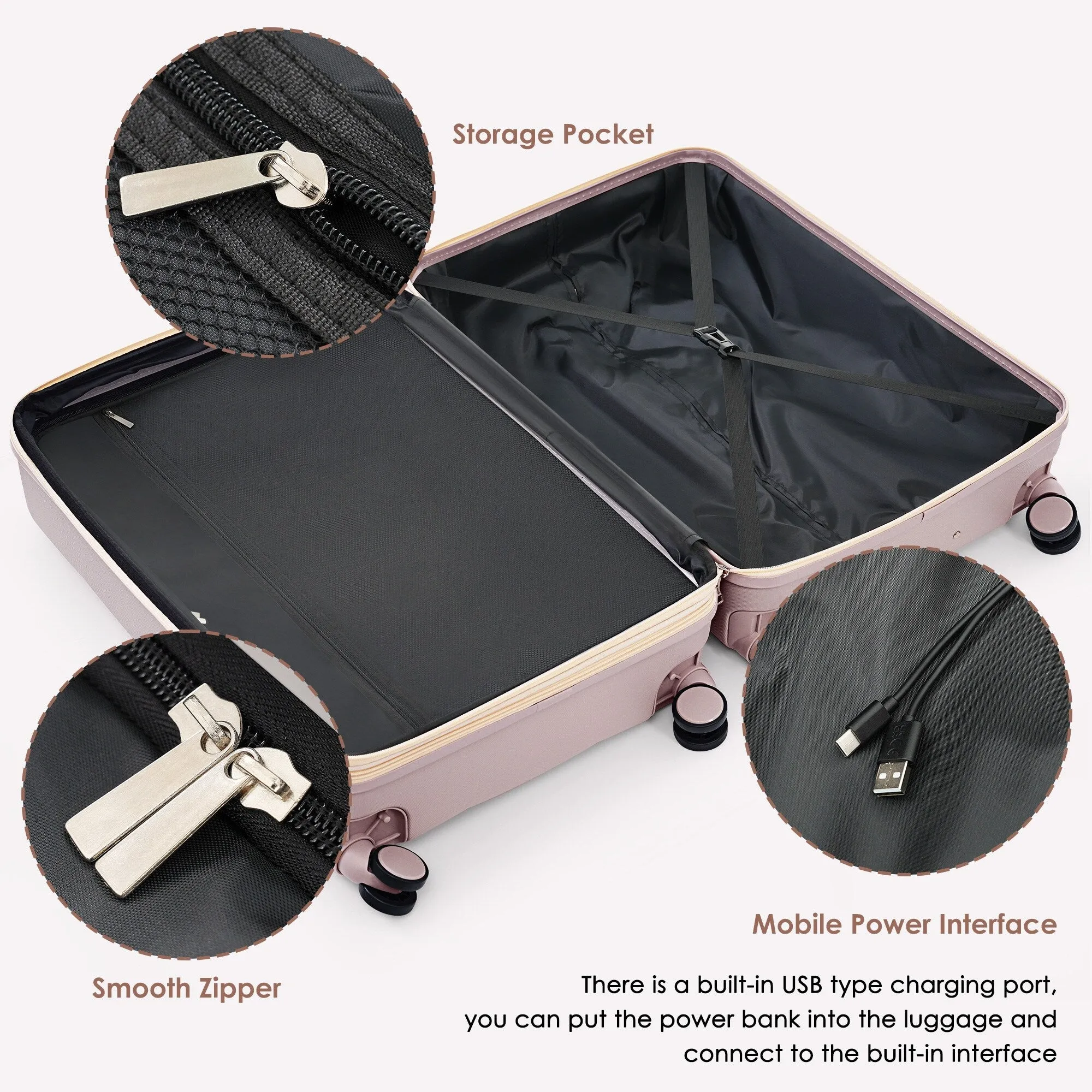 4 Piece Luggage Sets with Travel Bag and Cup Holder, 20-inch Expandable Suitcase with USB Port and 360-degree Wheels