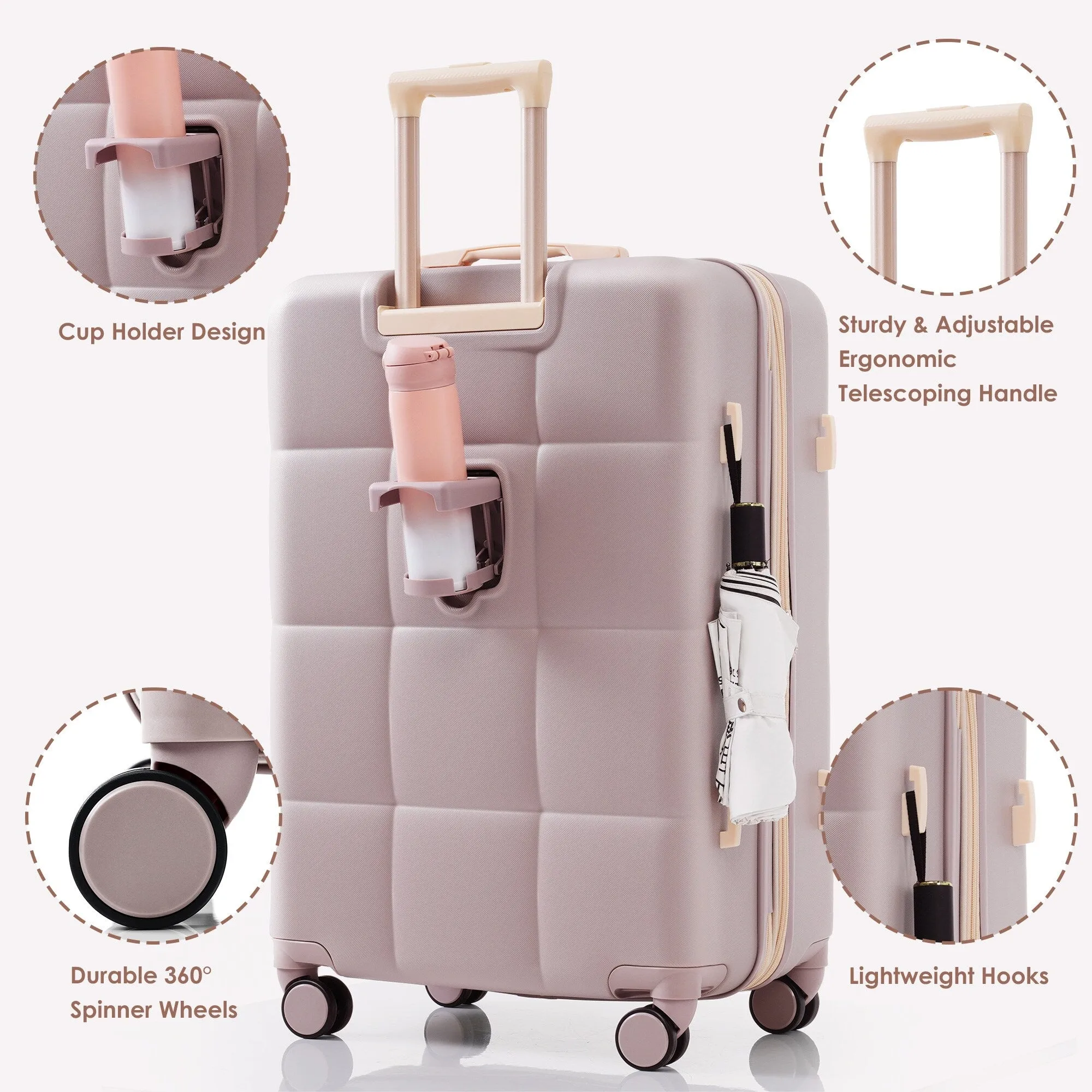 4 Piece Luggage Sets with Travel Bag and Cup Holder, 20-inch Expandable Suitcase with USB Port and 360-degree Wheels