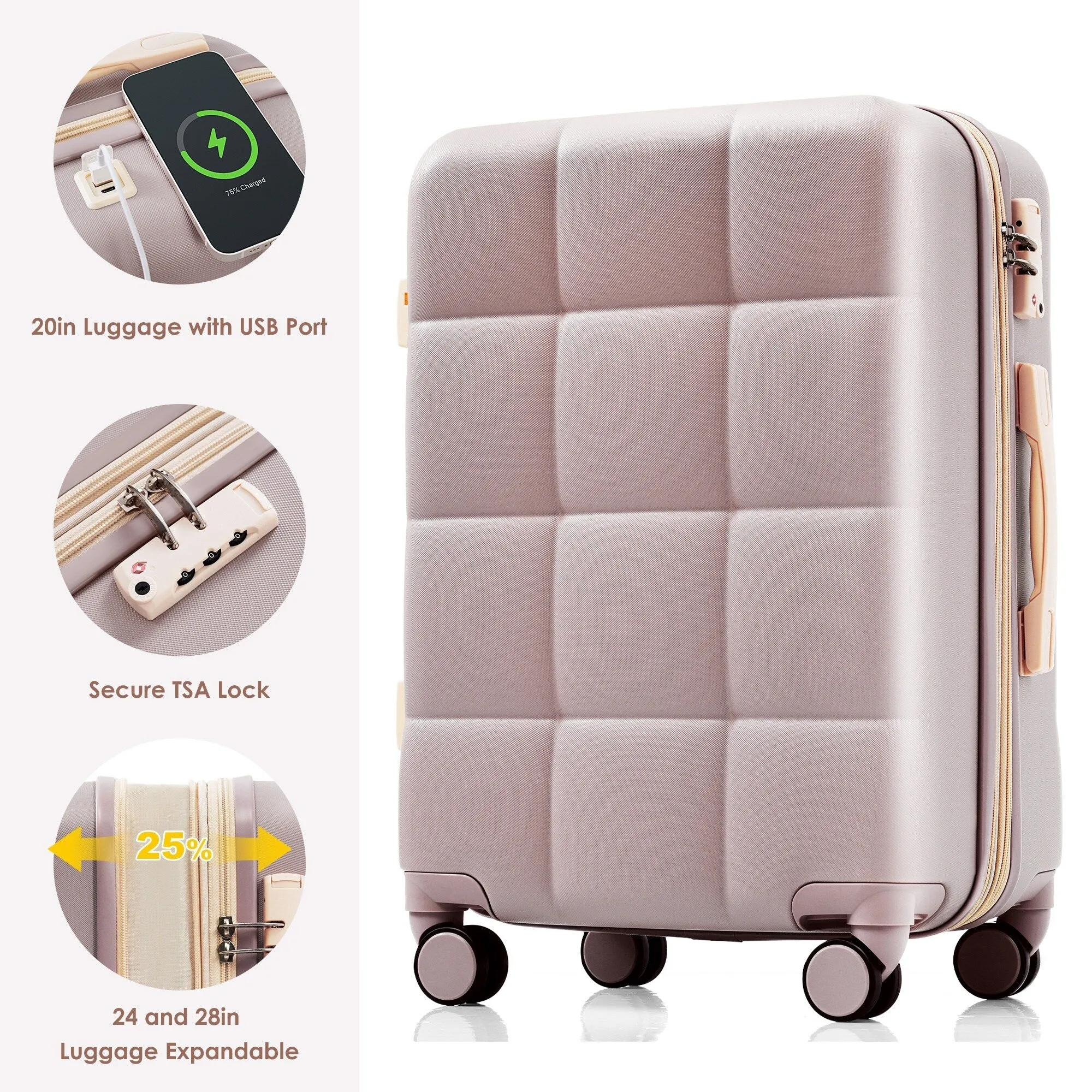4 Piece Luggage Sets with Travel Bag and Cup Holder, 20-inch Expandable Suitcase with USB Port and 360-degree Wheels