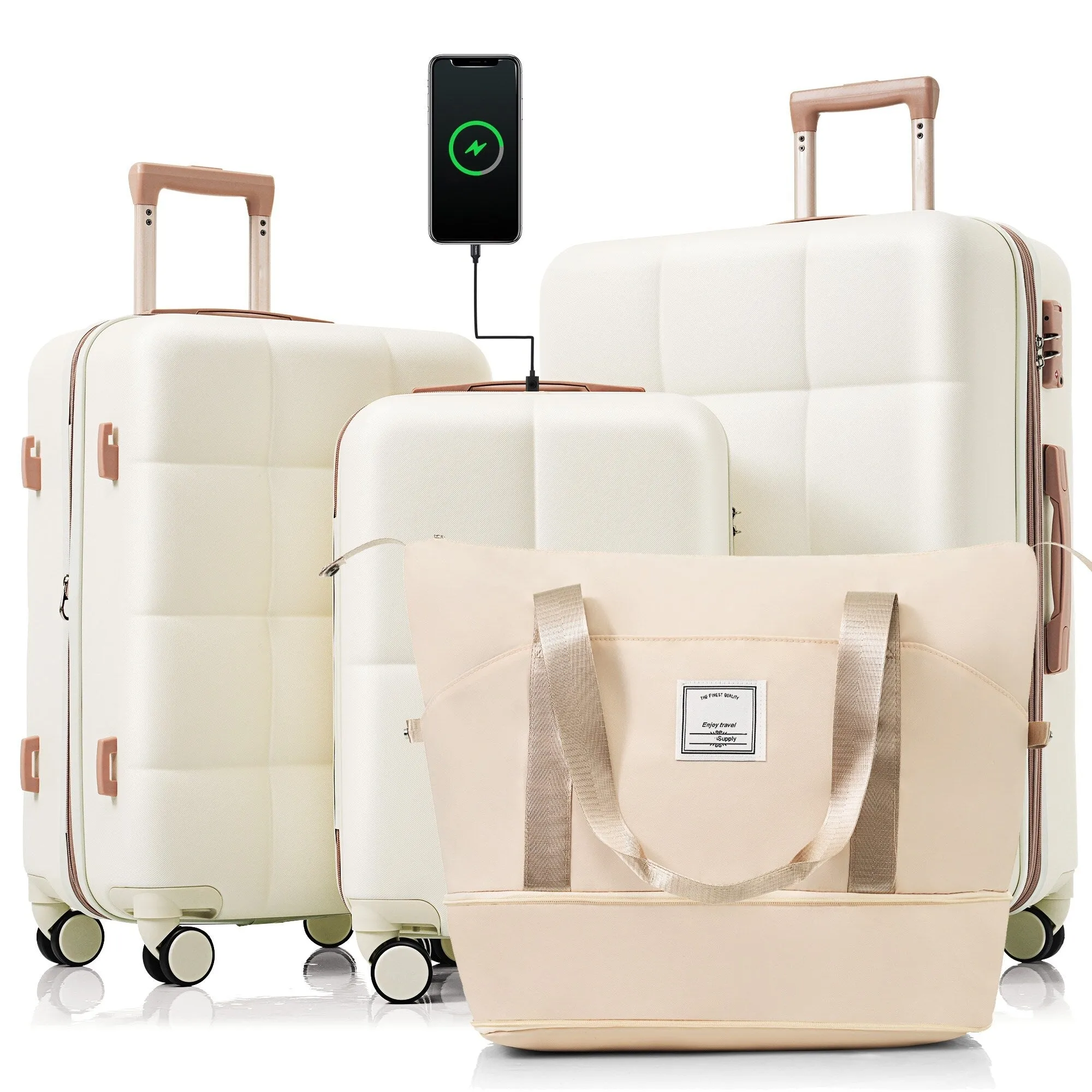 4 Piece Luggage Sets with Travel Bag and Cup Holder, 20-inch Expandable Suitcase with USB Port and 360-degree Wheels