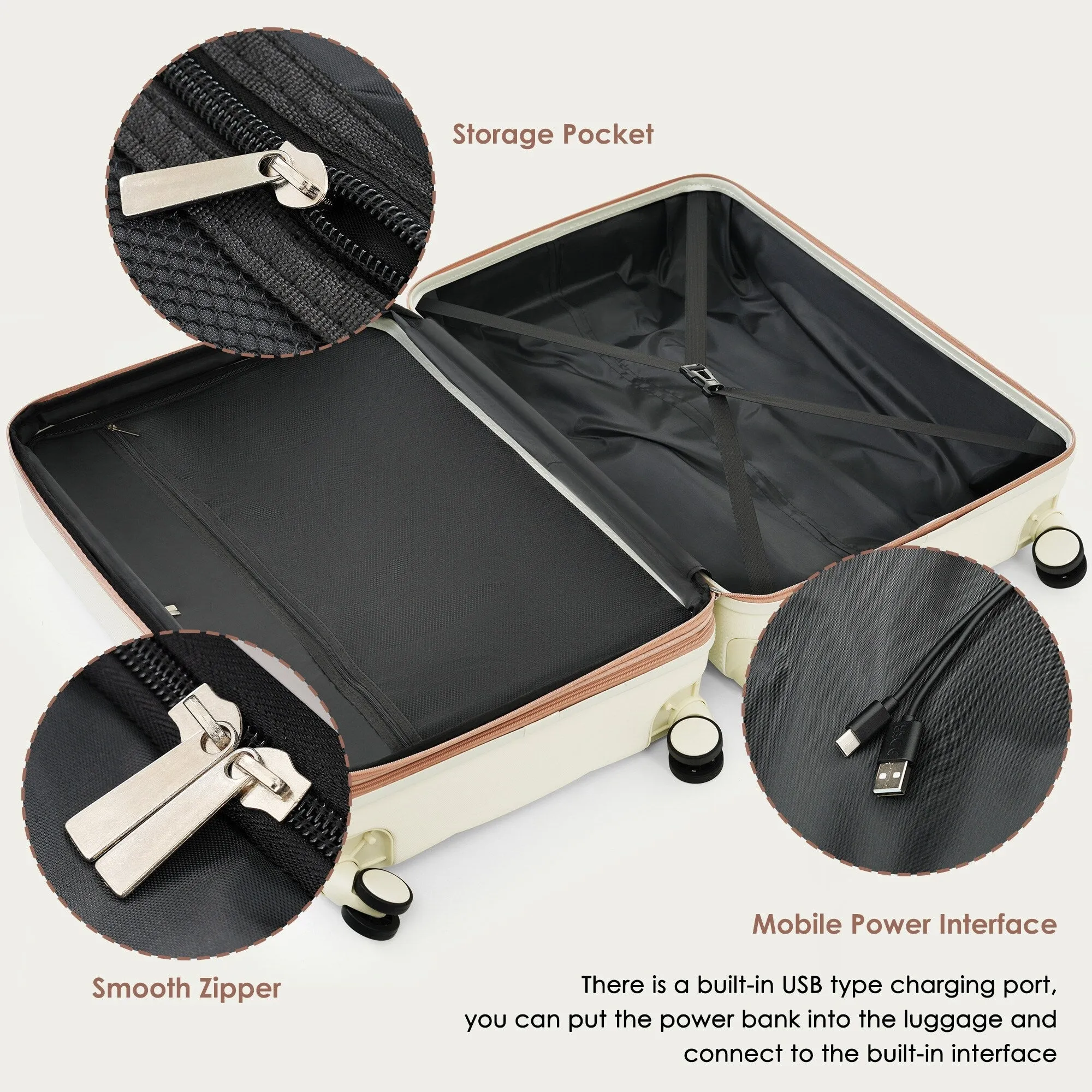 4 Piece Luggage Sets with Travel Bag and Cup Holder, 20-inch Expandable Suitcase with USB Port and 360-degree Wheels