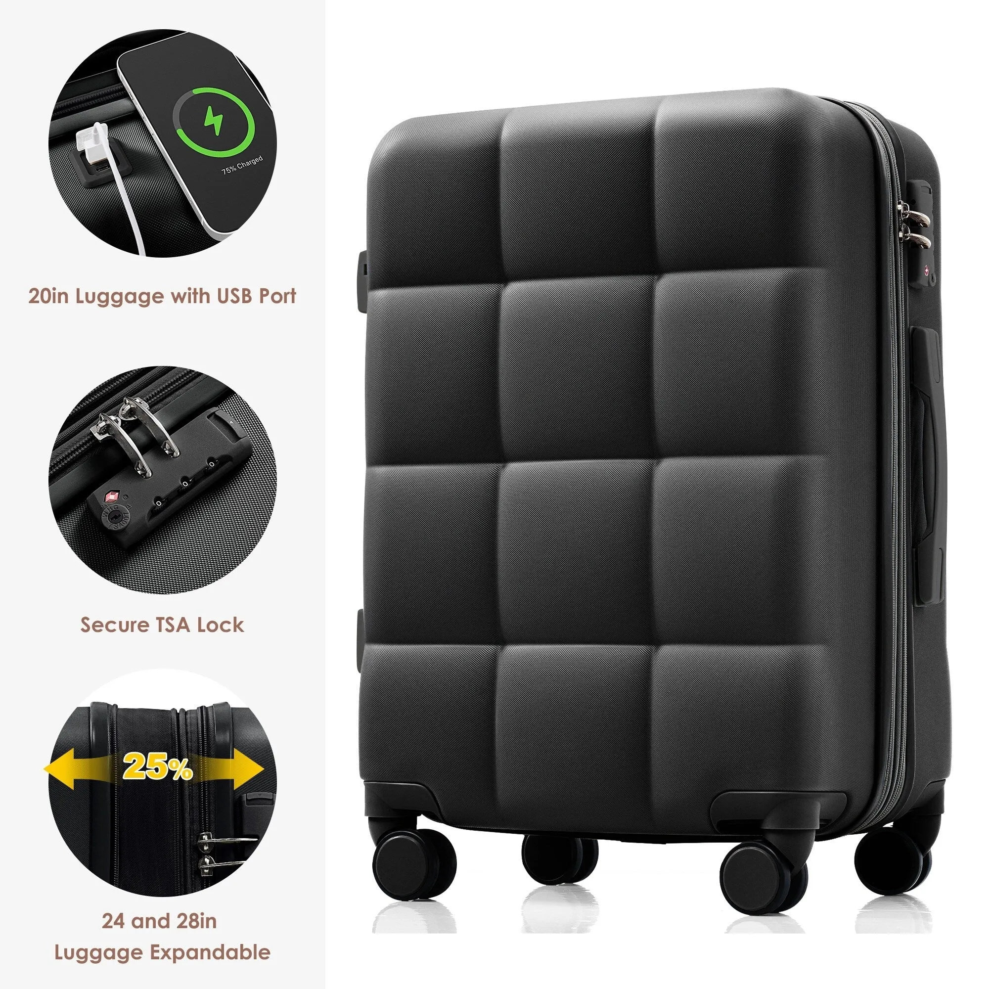 4 Piece Luggage Sets with Travel Bag and Cup Holder, 20-inch Expandable Suitcase with USB Port and 360-degree Wheels