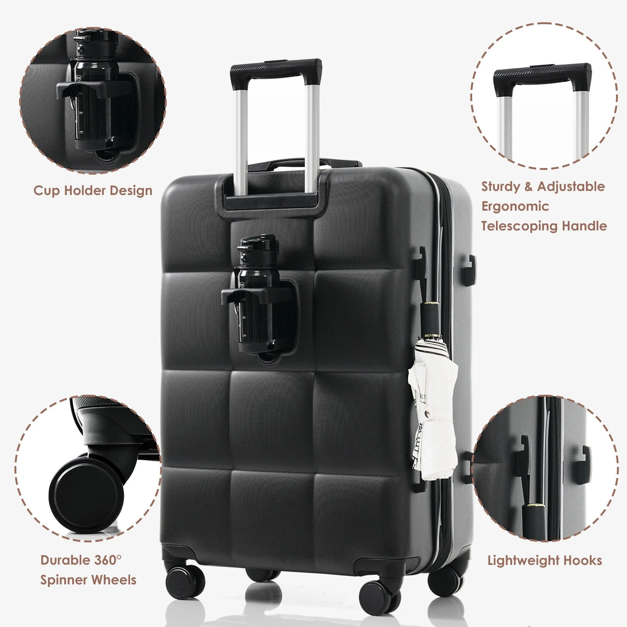 4 Piece Luggage Sets with Travel Bag and Cup Holder, 20-inch Expandable Suitcase with USB Port and 360-degree Wheels