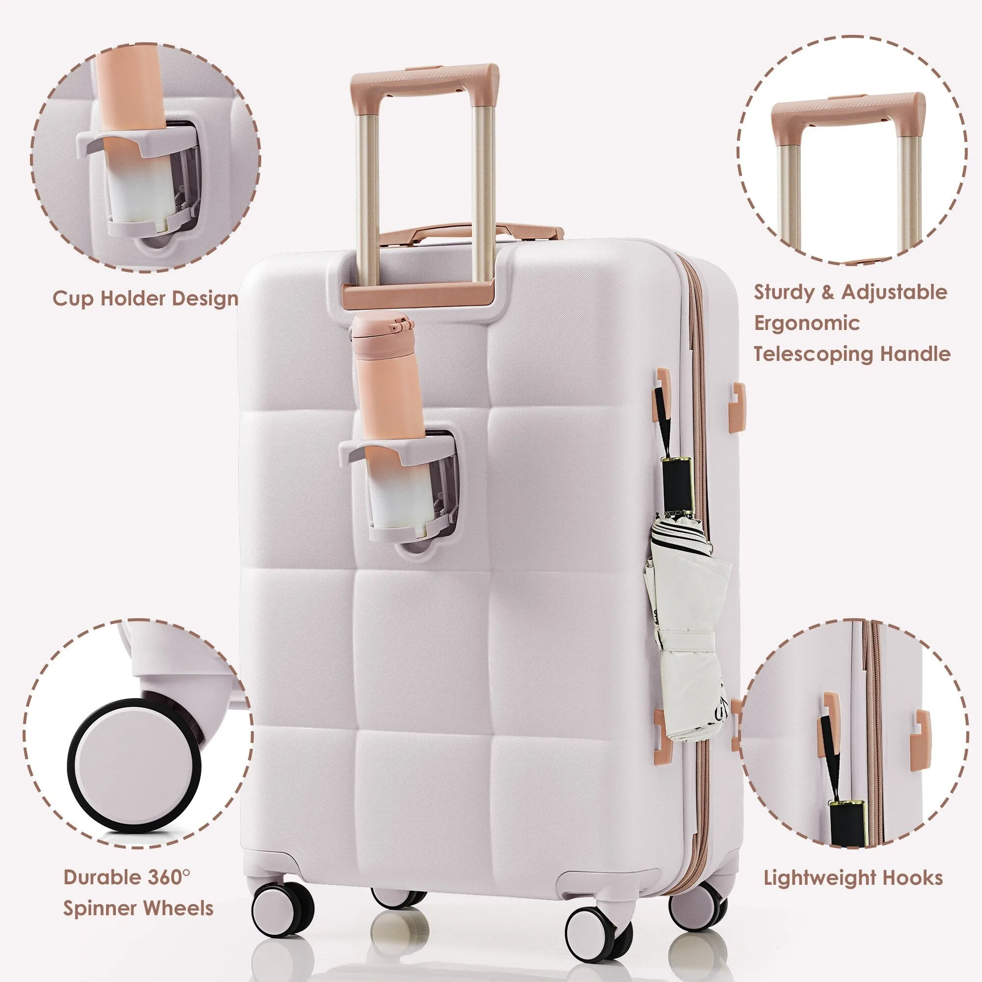 4 Piece Luggage Sets with Travel Bag and Cup Holder, 20-inch Expandable Suitcase with USB Port and 360-degree Wheels
