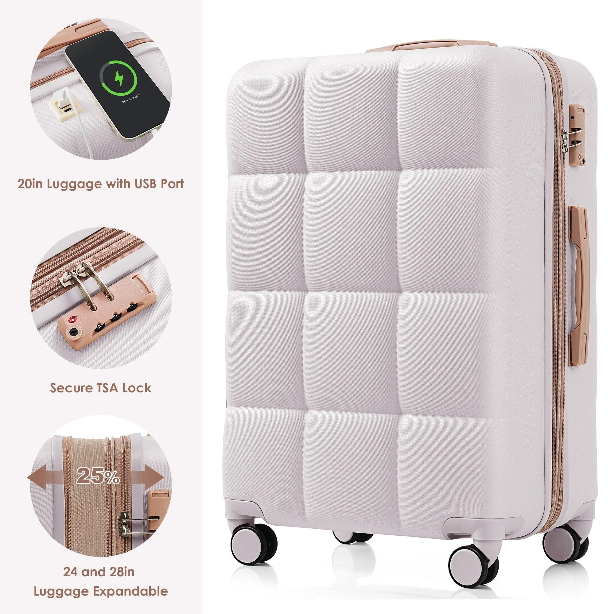 4 Piece Luggage Sets with Travel Bag and Cup Holder, 20-inch Expandable Suitcase with USB Port and 360-degree Wheels