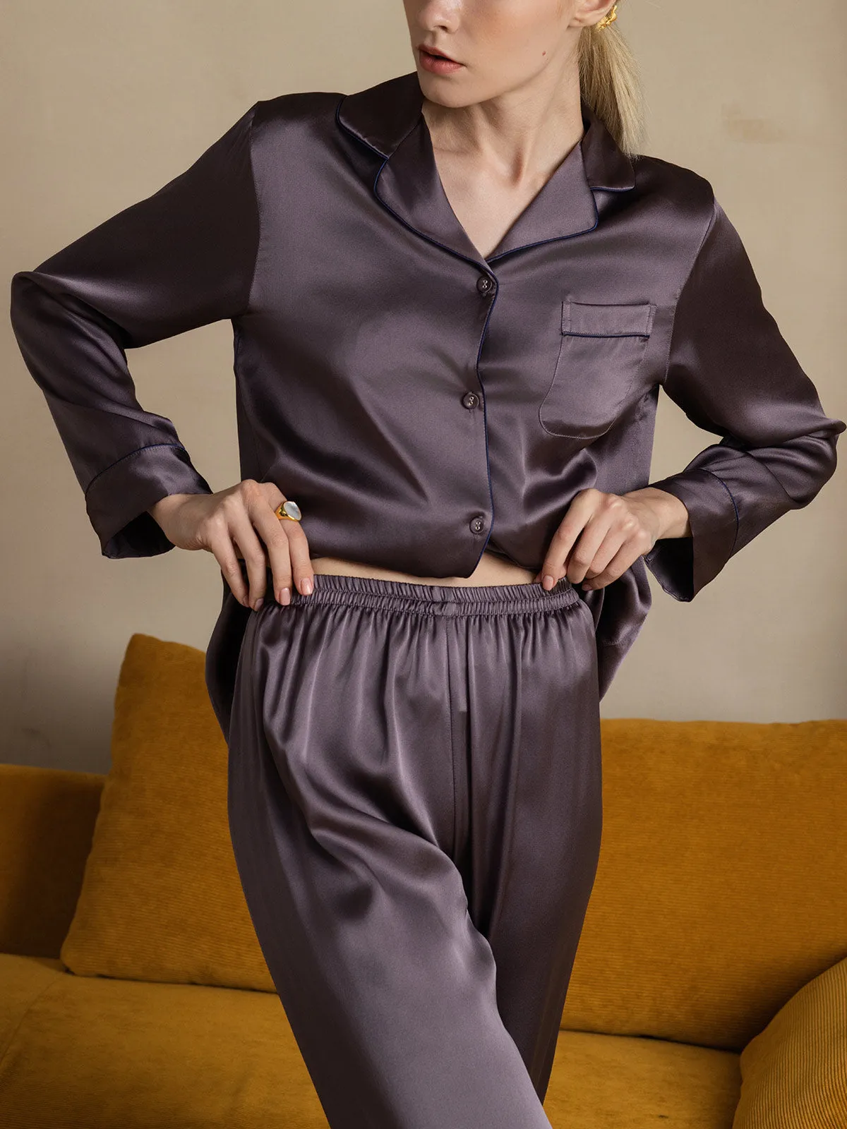 Binding Trim Classic Pure Silk Pajamas Set