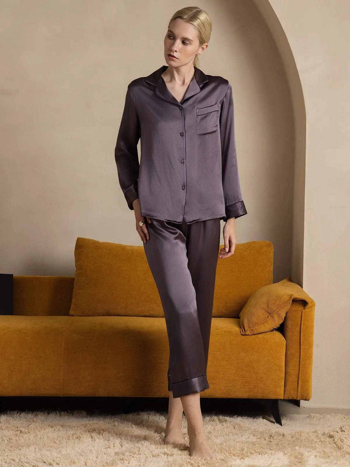 Binding Trim Classic Pure Silk Pajamas Set