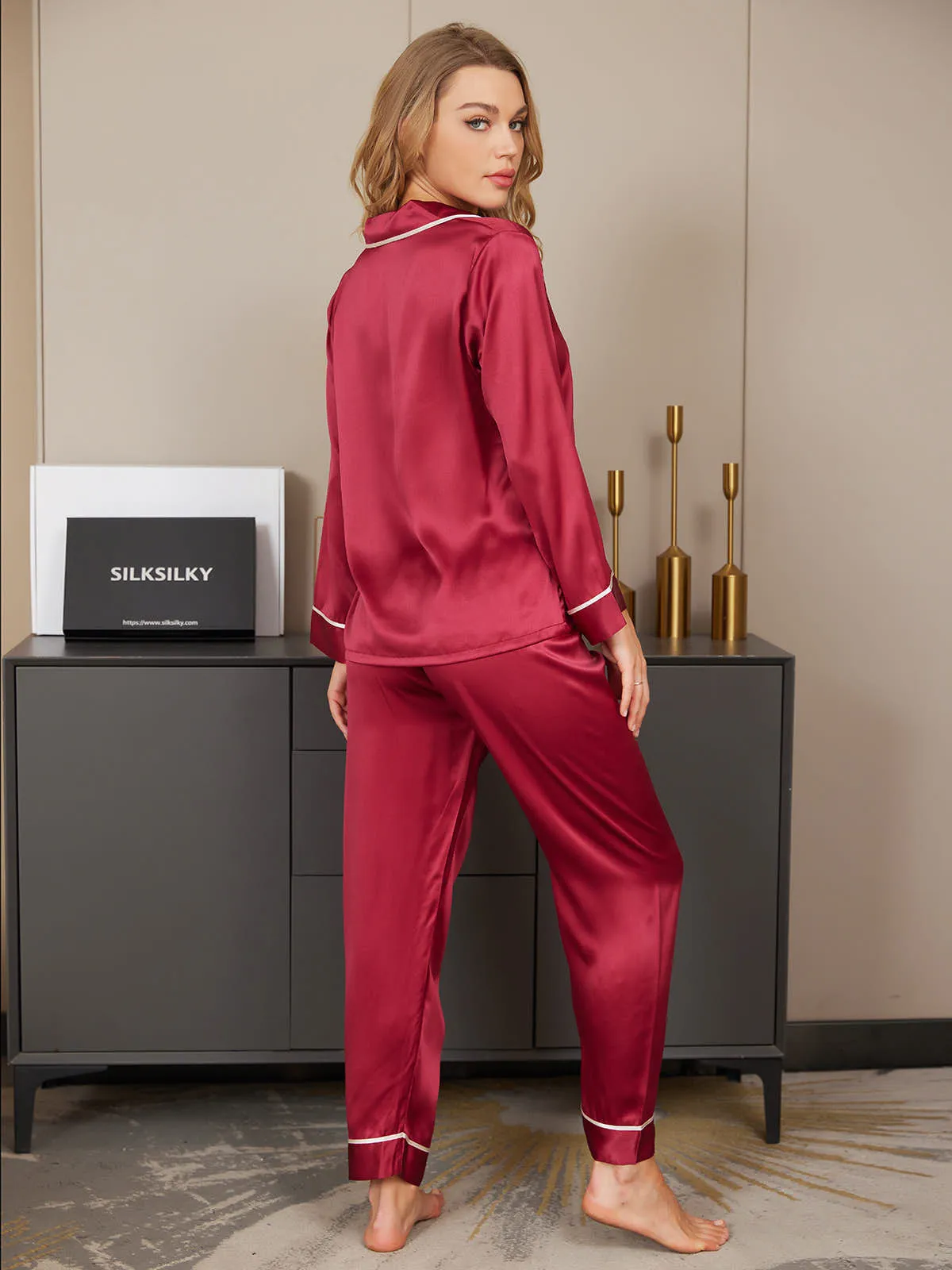 Clearance -Pure Silk Classic Binding Trim Button Up Womens Pajama Set 2Pcs