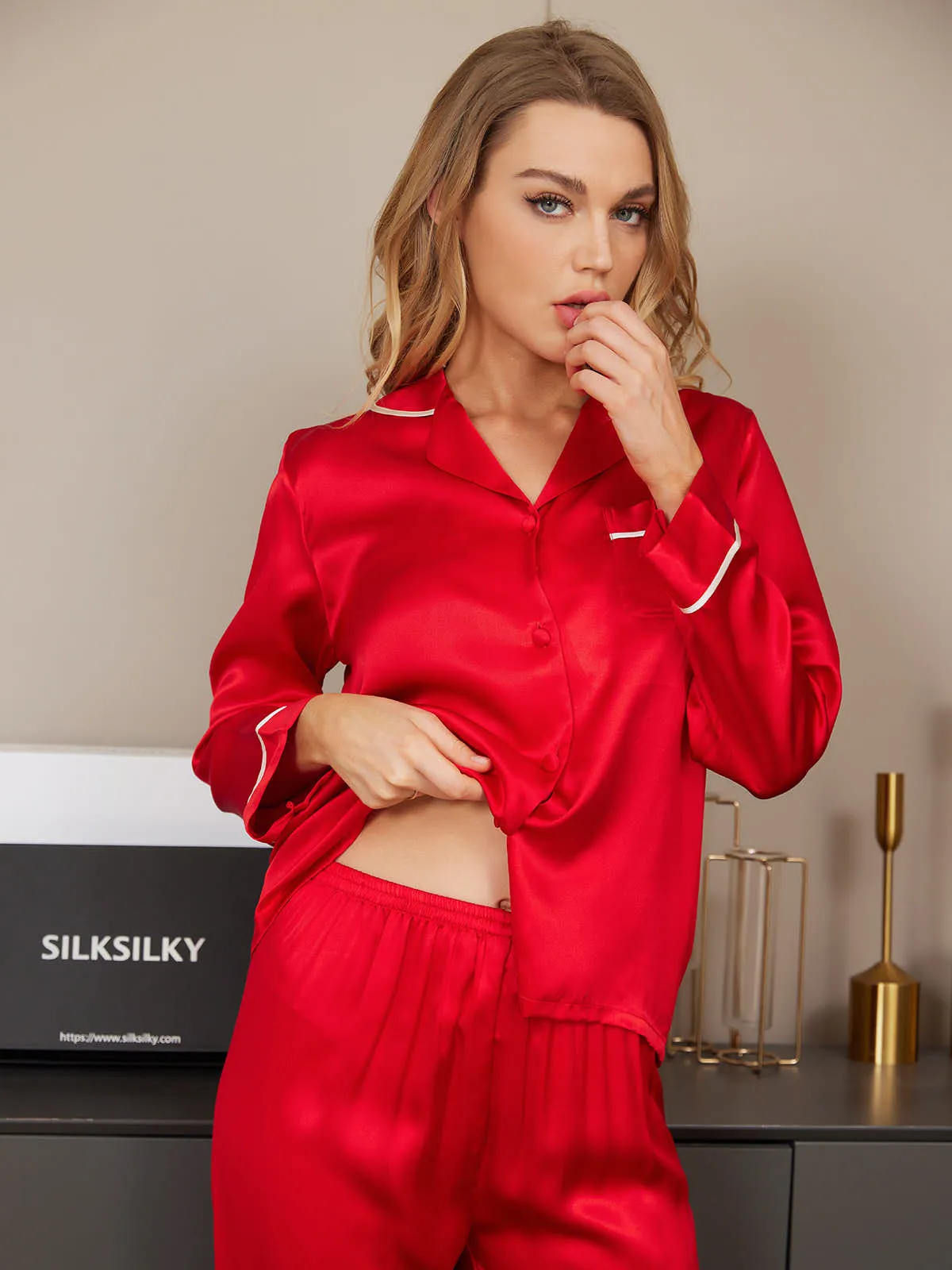 Clearance -Pure Silk Classic Binding Trim Button Up Womens Pajama Set 2Pcs