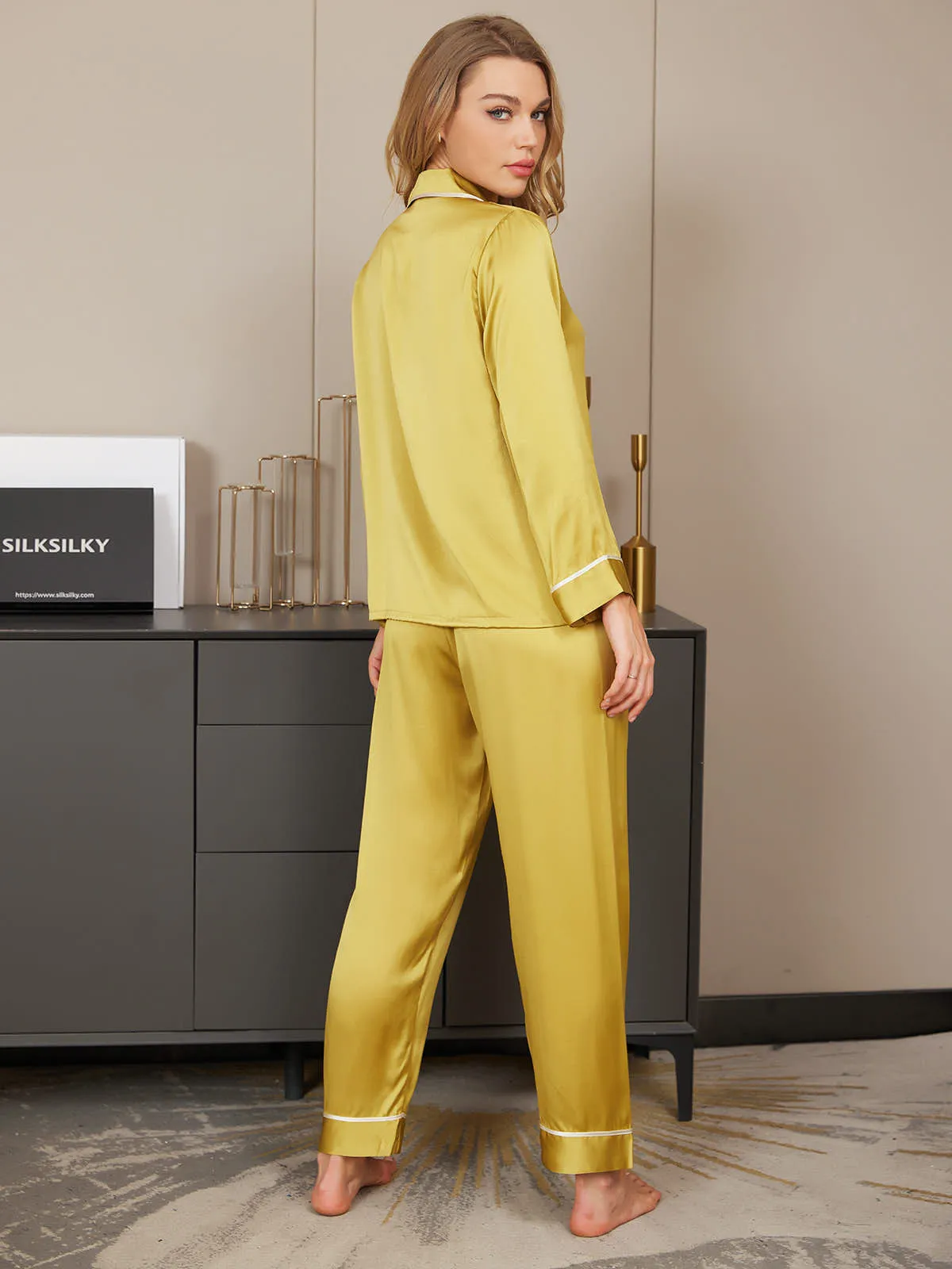 Clearance -Pure Silk Classic Binding Trim Button Up Womens Pajama Set 2Pcs