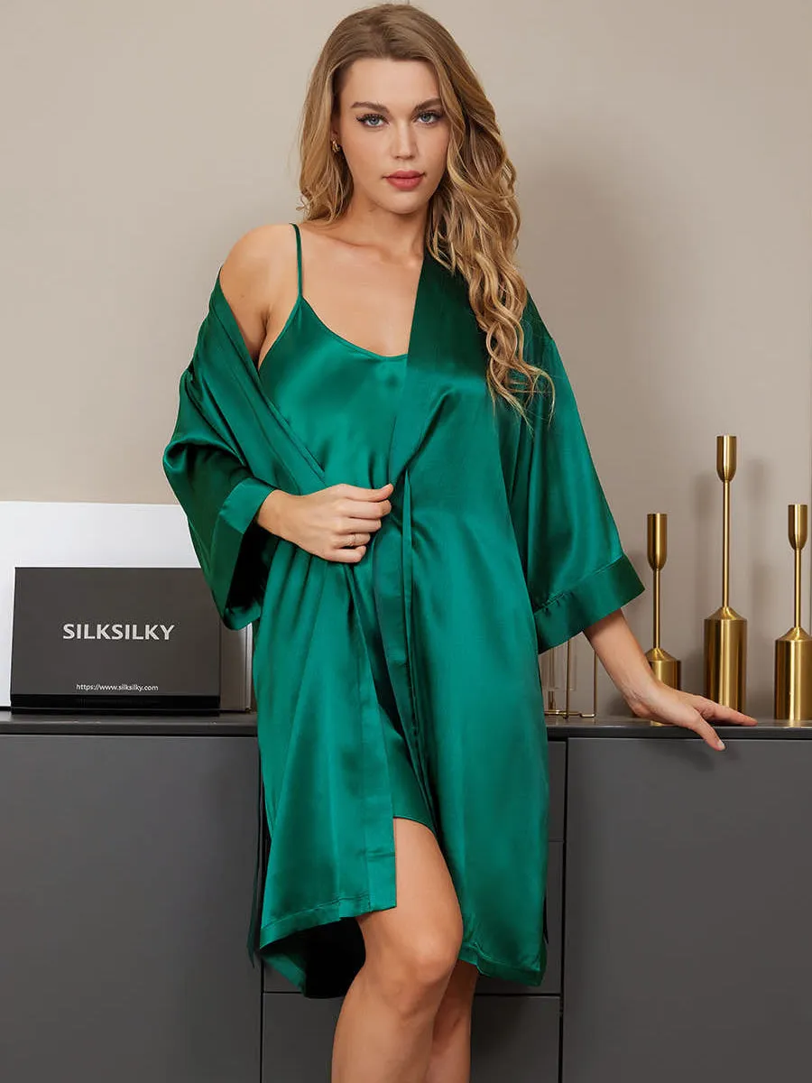 Clearance -Pure Silk Classic Spaghetti Strap Slip Nightgown&Robe Set 2Pcs