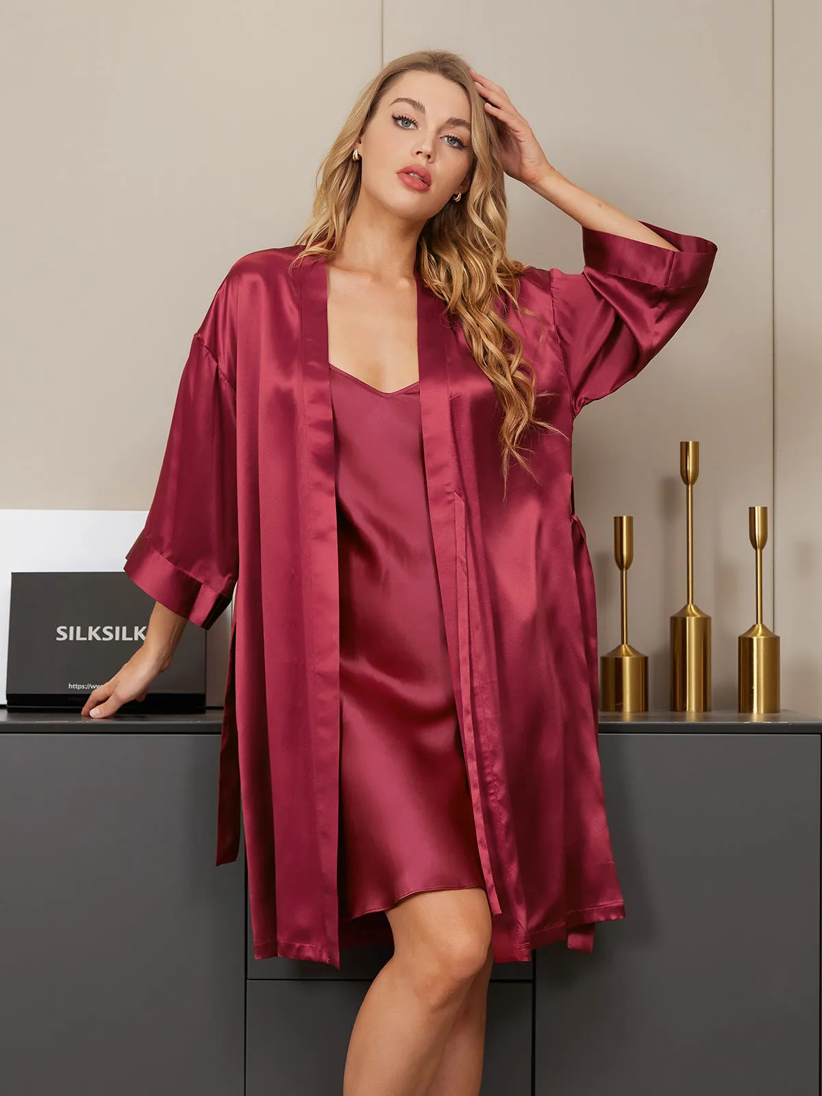 Clearance -Pure Silk Classic Spaghetti Strap Slip Nightgown&Robe Set 2Pcs