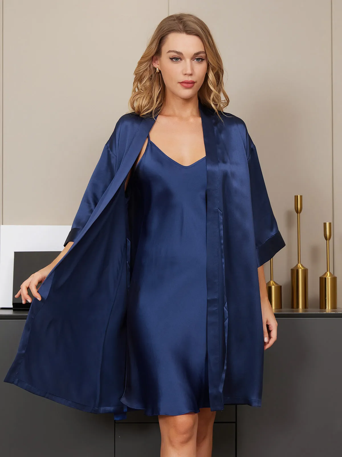 Clearance -Pure Silk Classic Spaghetti Strap Slip Nightgown&Robe Set 2Pcs