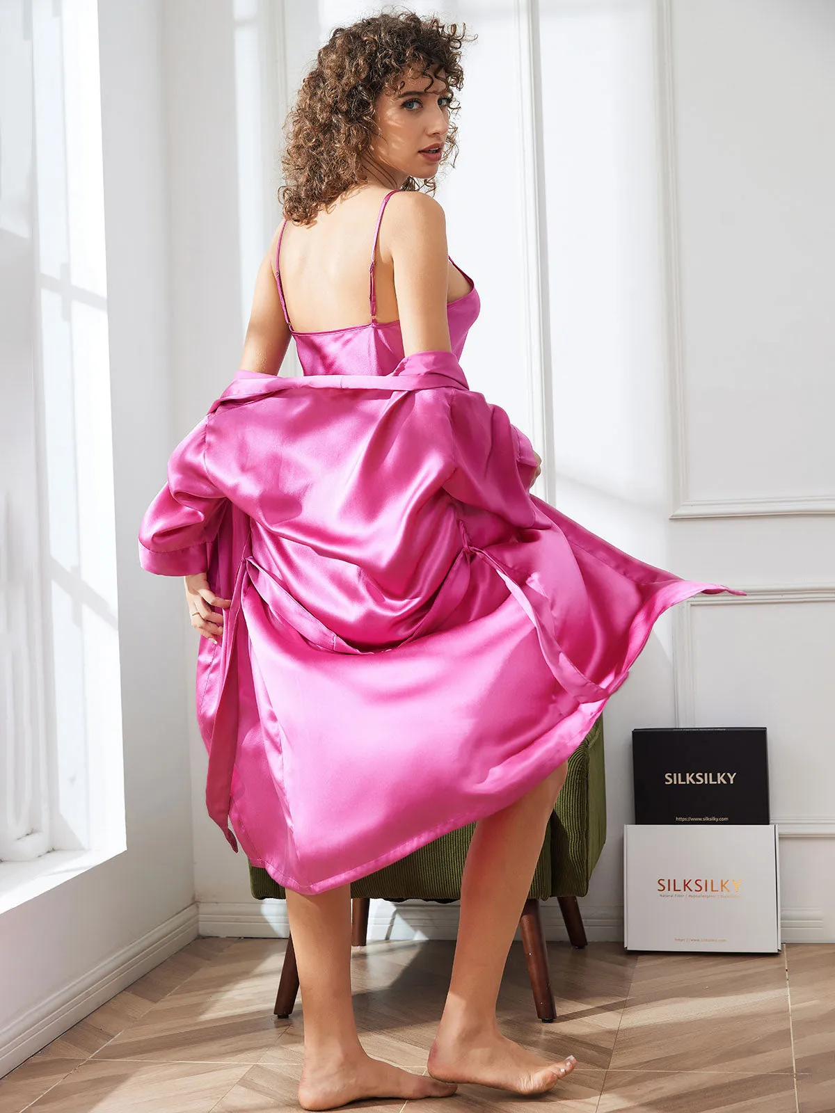 Clearance -Pure Silk Classic Spaghetti Strap Slip Nightgown&Robe Set 2Pcs