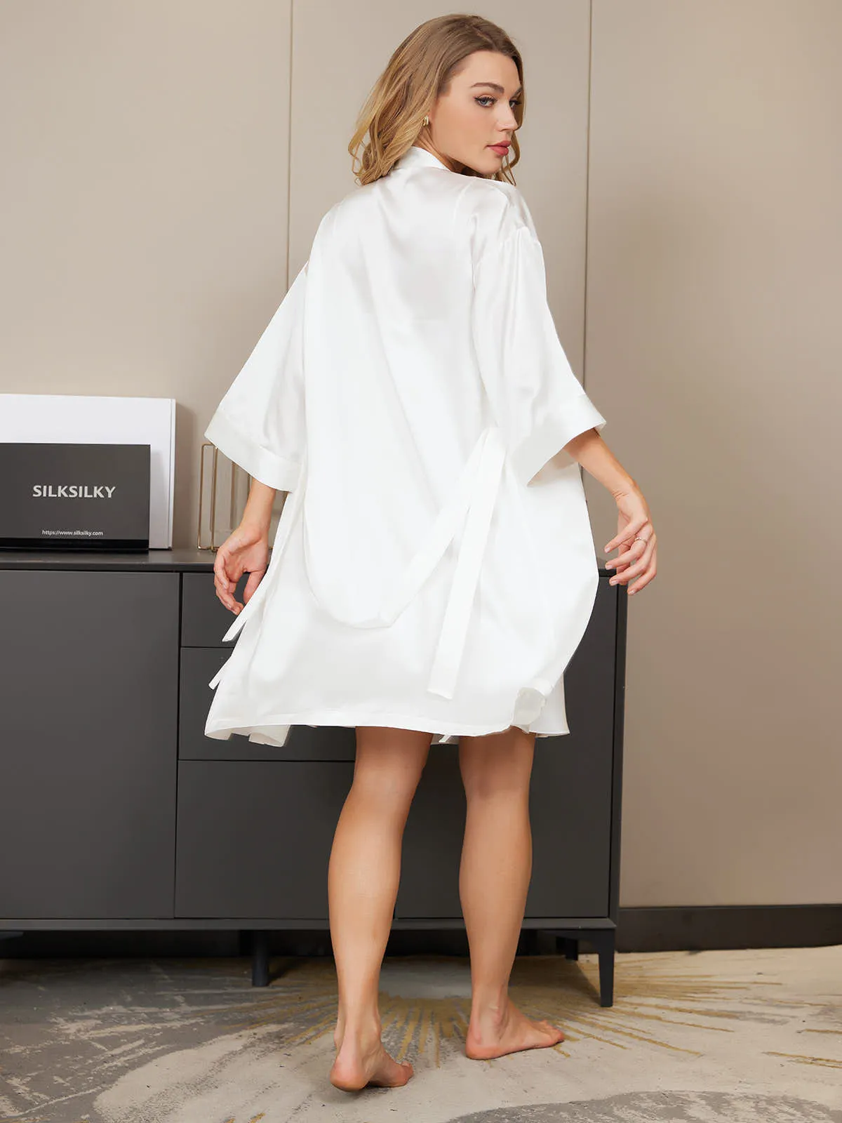 Clearance -Pure Silk Classic Spaghetti Strap Slip Nightgown&Robe Set 2Pcs