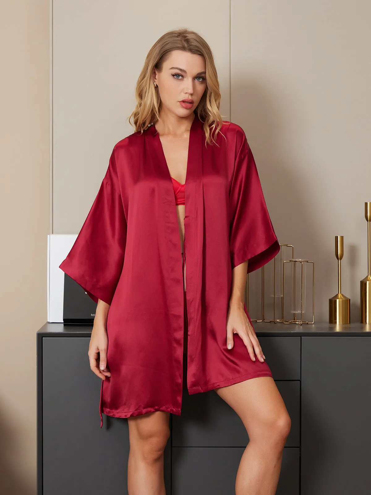 Clearance -Pure Silk Half Sleeve Belted Robe