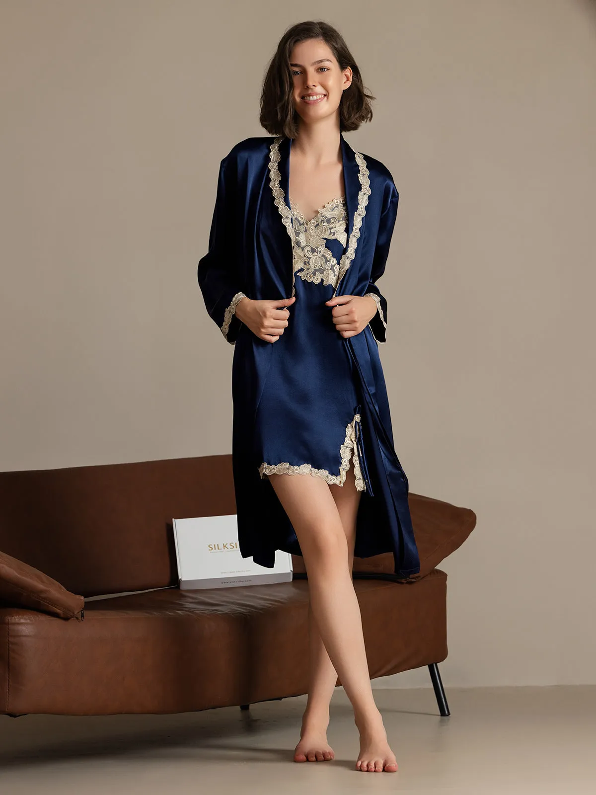 Clearance -Pure Silk Lace Nightgown&Robe Set 2Pcs