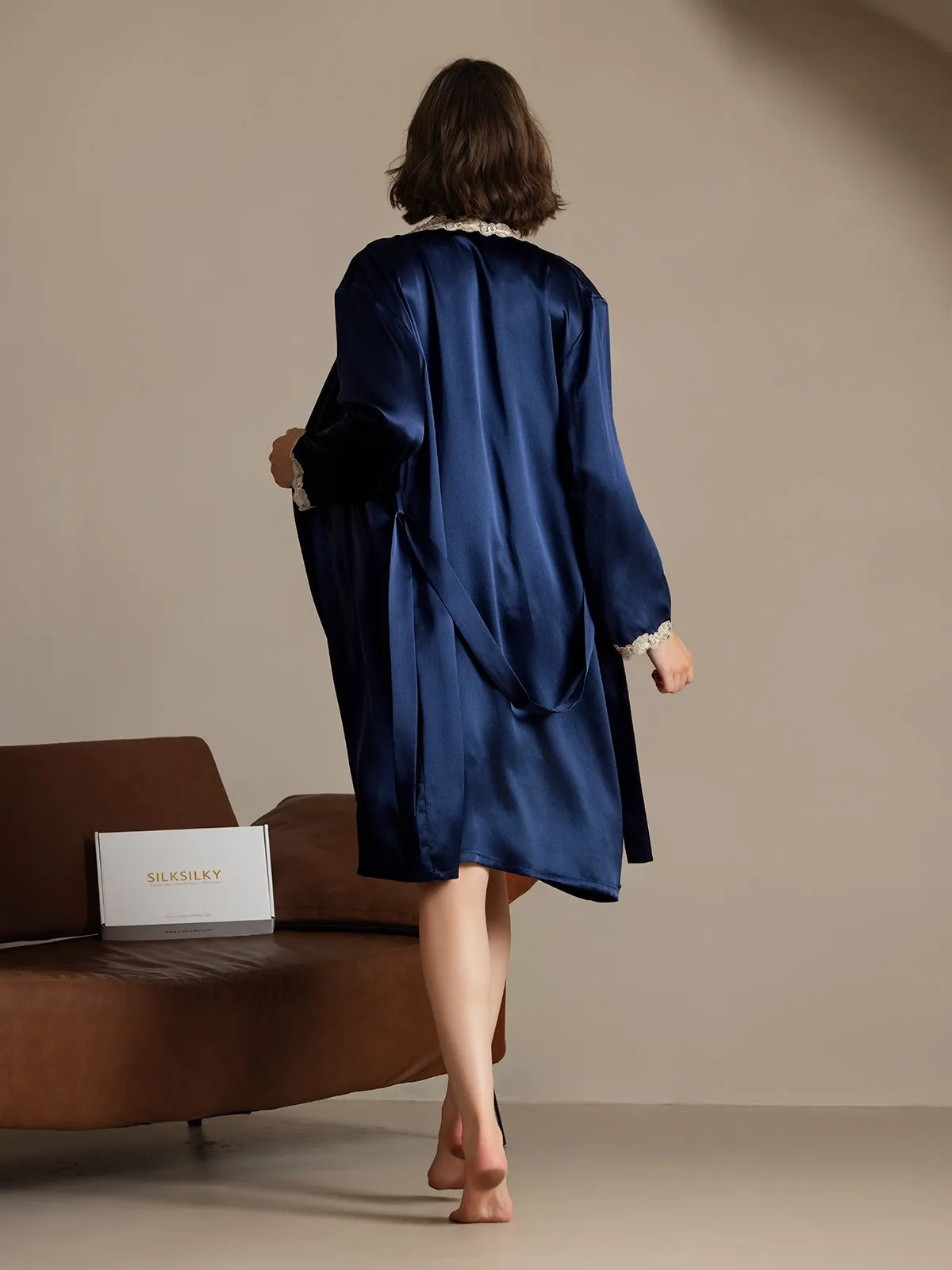 Clearance -Pure Silk Lace Nightgown&Robe Set 2Pcs