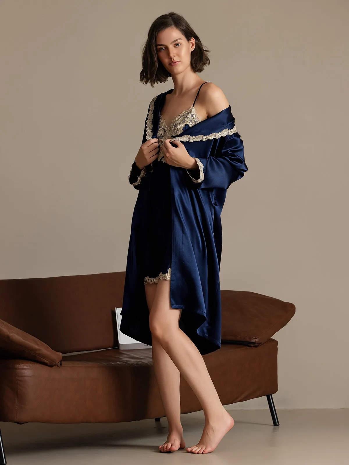 Clearance -Pure Silk Lace Nightgown&Robe Set 2Pcs