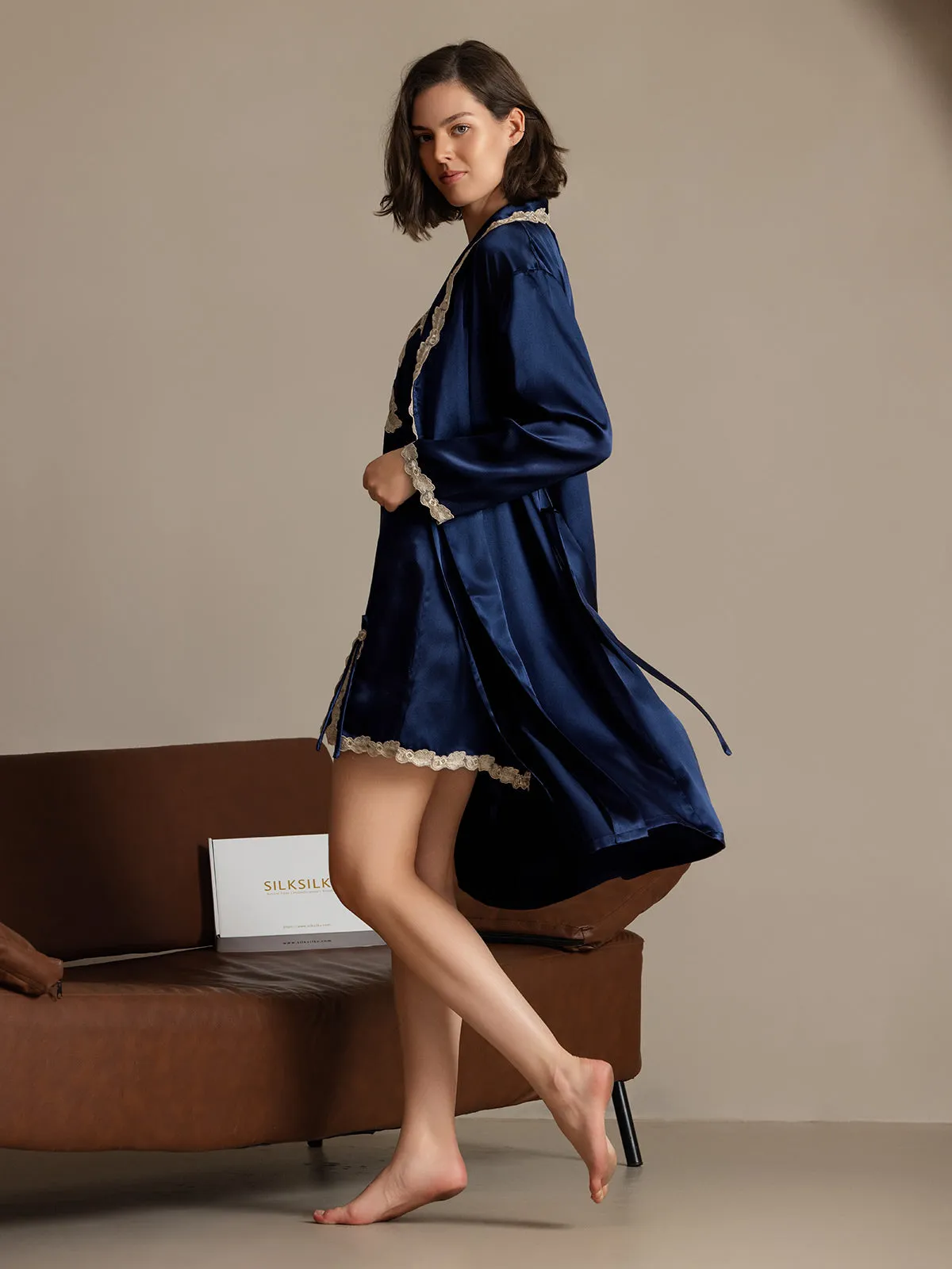 Clearance -Pure Silk Lace Nightgown&Robe Set 2Pcs