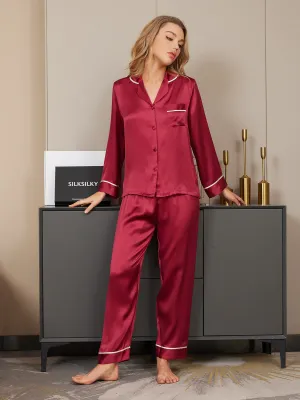 Clearance(US Warehouse) -Pure Silk Classic Binding Trim Button Up Womens Pajama Set 2Pcs