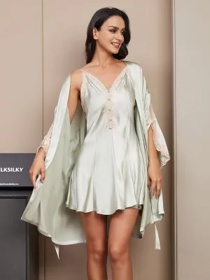 Clearance(US Warehouse) -Pure Silk Classic Lace Nightgown&Robe Set 2Pcs