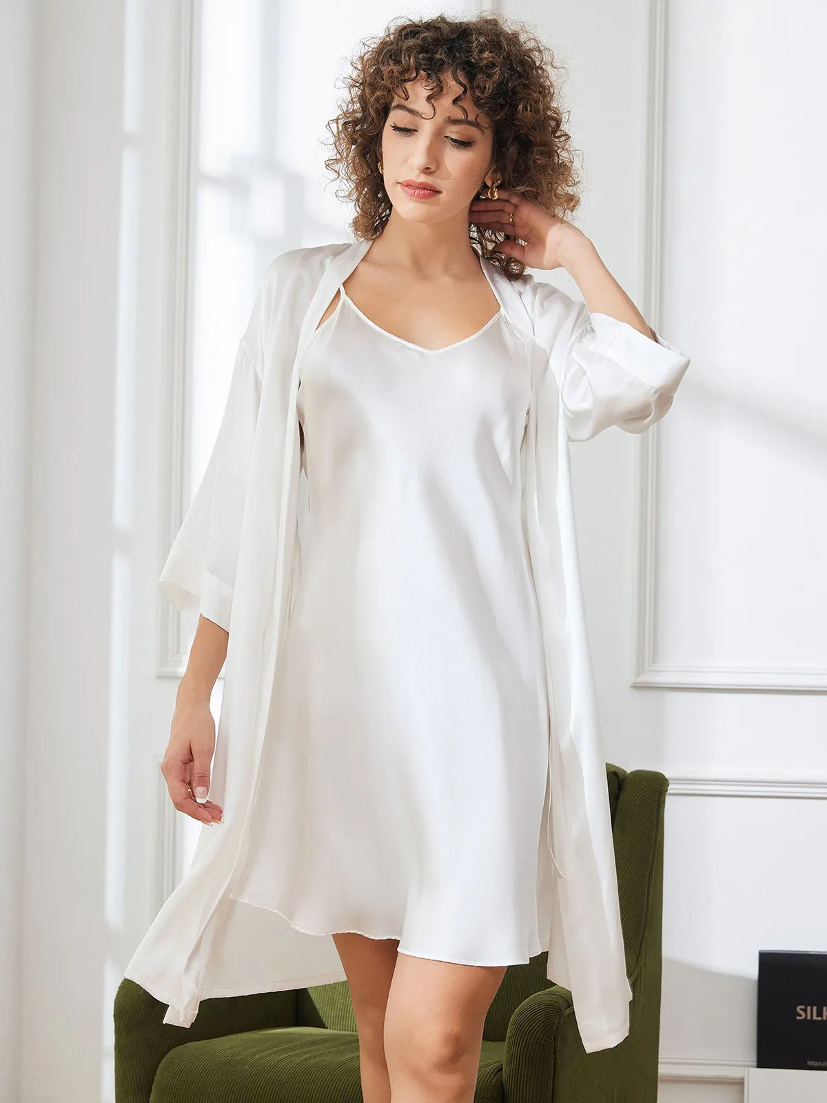 Clearance(US Warehouse) -Pure Silk Classic Spaghetti Strap Slip Nightgown&Robe Set 2Pcs