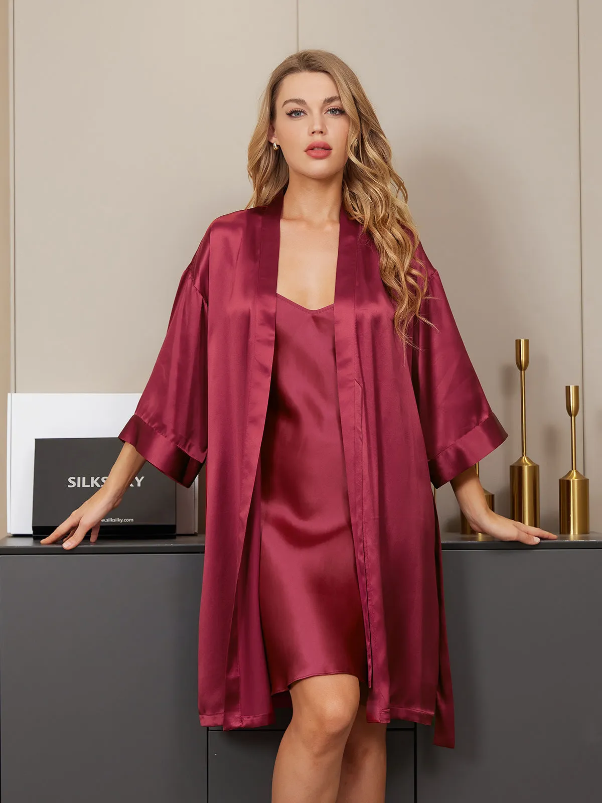 Clearance(US Warehouse) -Pure Silk Classic Spaghetti Strap Slip Nightgown&Robe Set 2Pcs