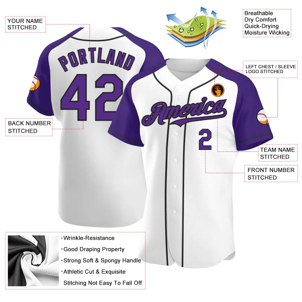 Custom White Purple-Black Authentic Raglan Sleeves Baseball Jersey