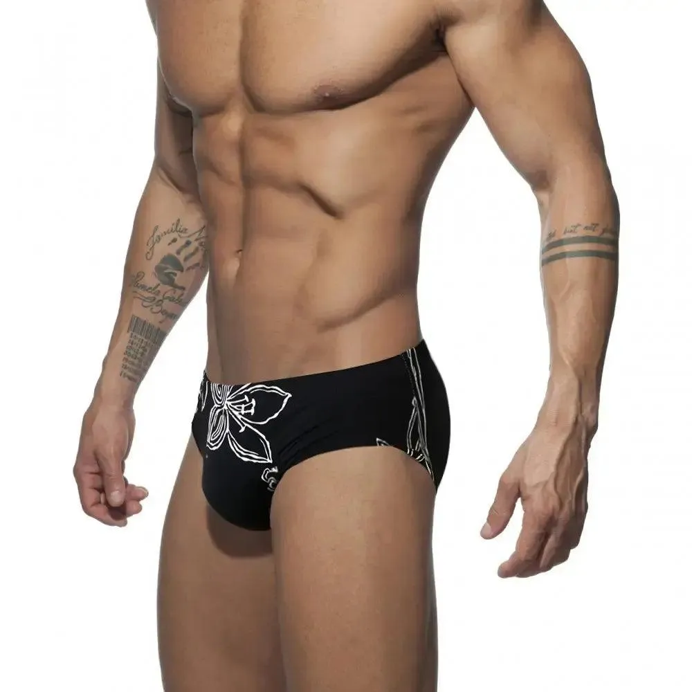 DomiGe Men's Swim Briefs White Floral Elegant Print Swim Bikini