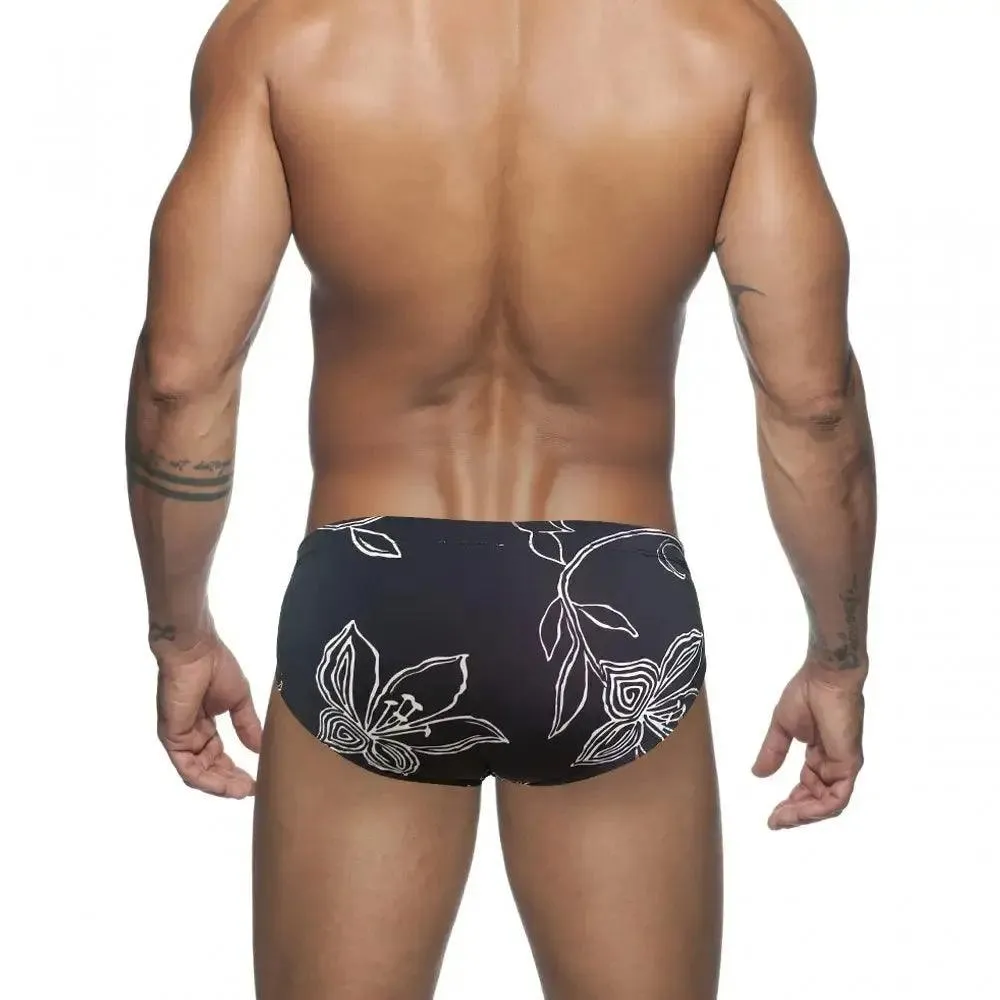 DomiGe Men's Swim Briefs White Floral Elegant Print Swim Bikini