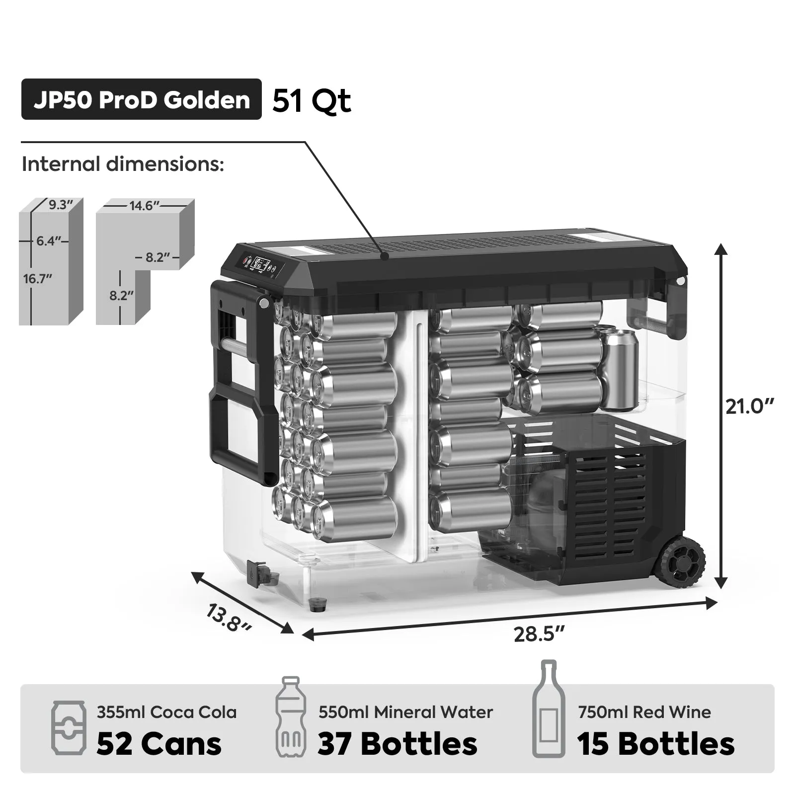 JP Pro Series 39/51QT Dual Zone Wheeled Car Fridge With Cover-Golden | ICECO