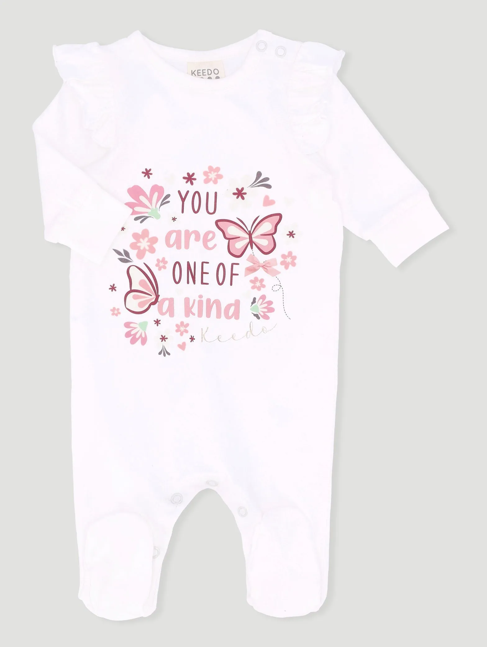 Keedo Baby Girls Frilled Cotton Lycra Sleepsuit with Placement Print