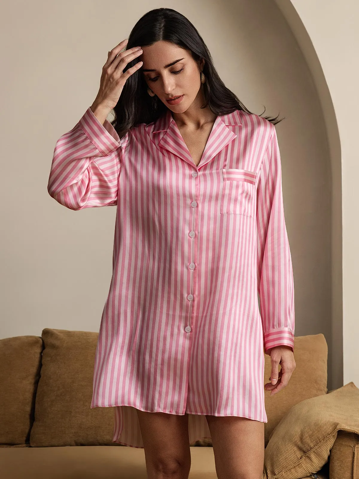 Pure Silk Long Sleeve Stripe Printed Nightshirt
