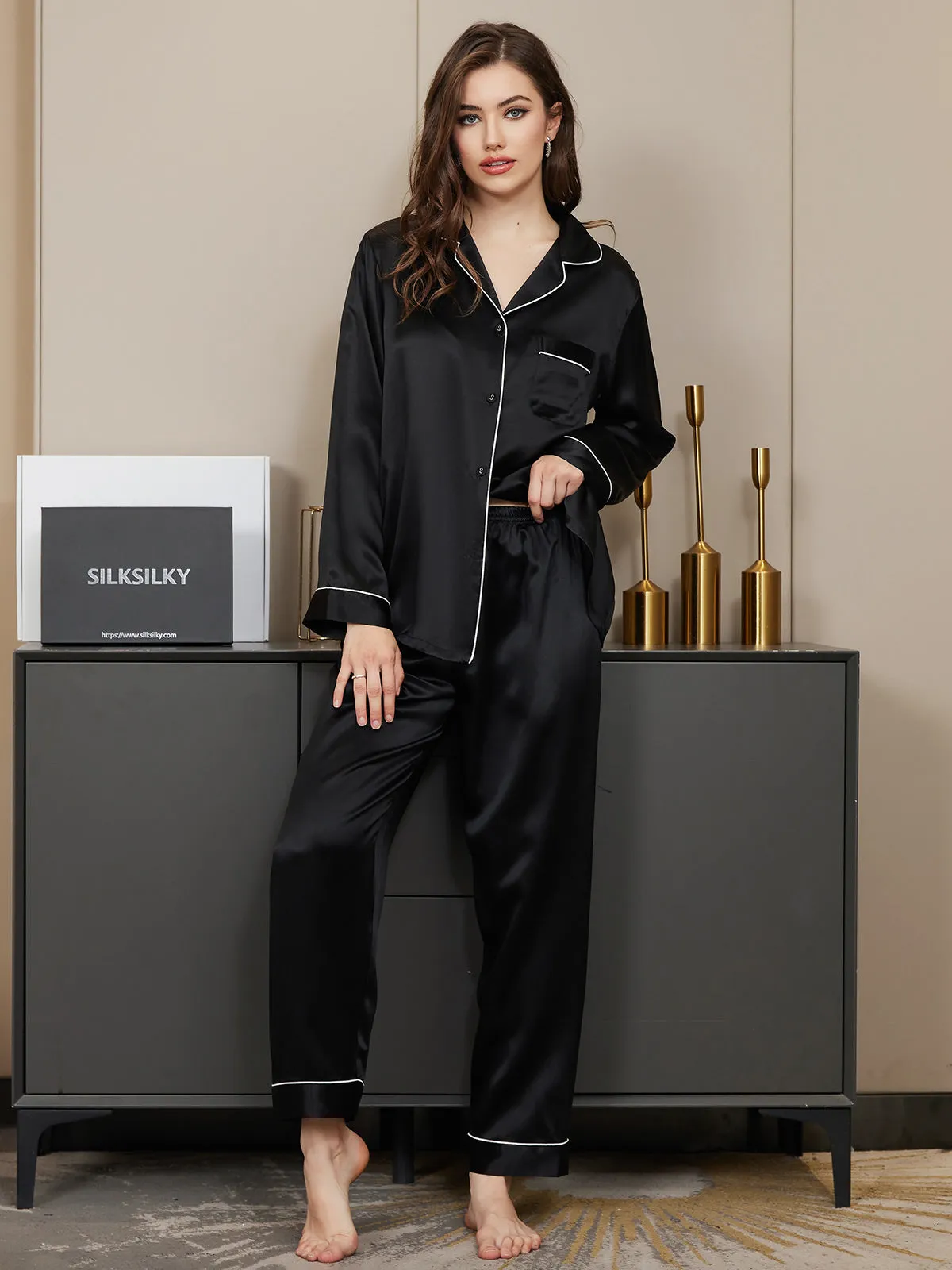 Women's 100% Mulberry Silk Classic Full Length Pajama Set