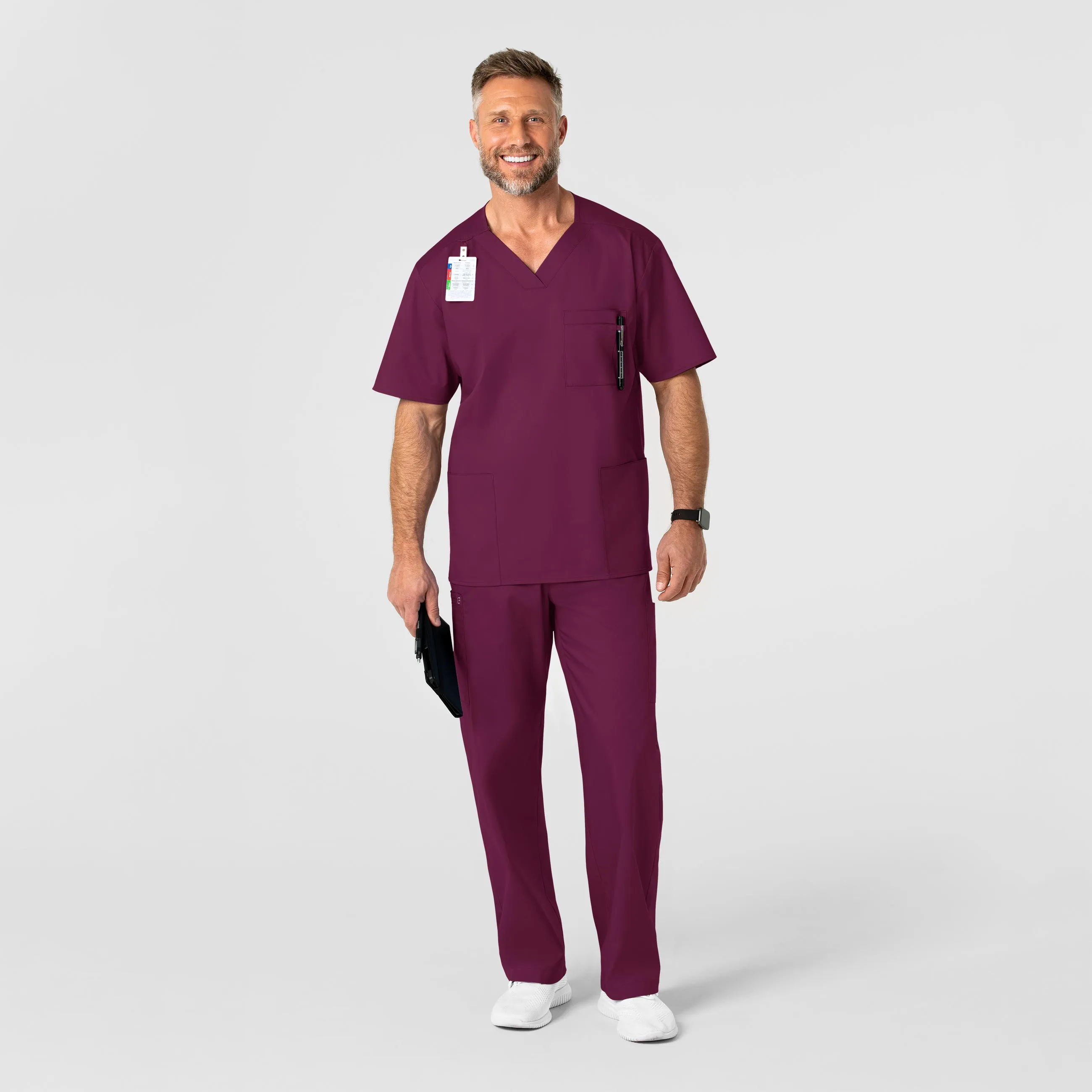 WonderWORK Men's V-Neck Scrub Top - Wine